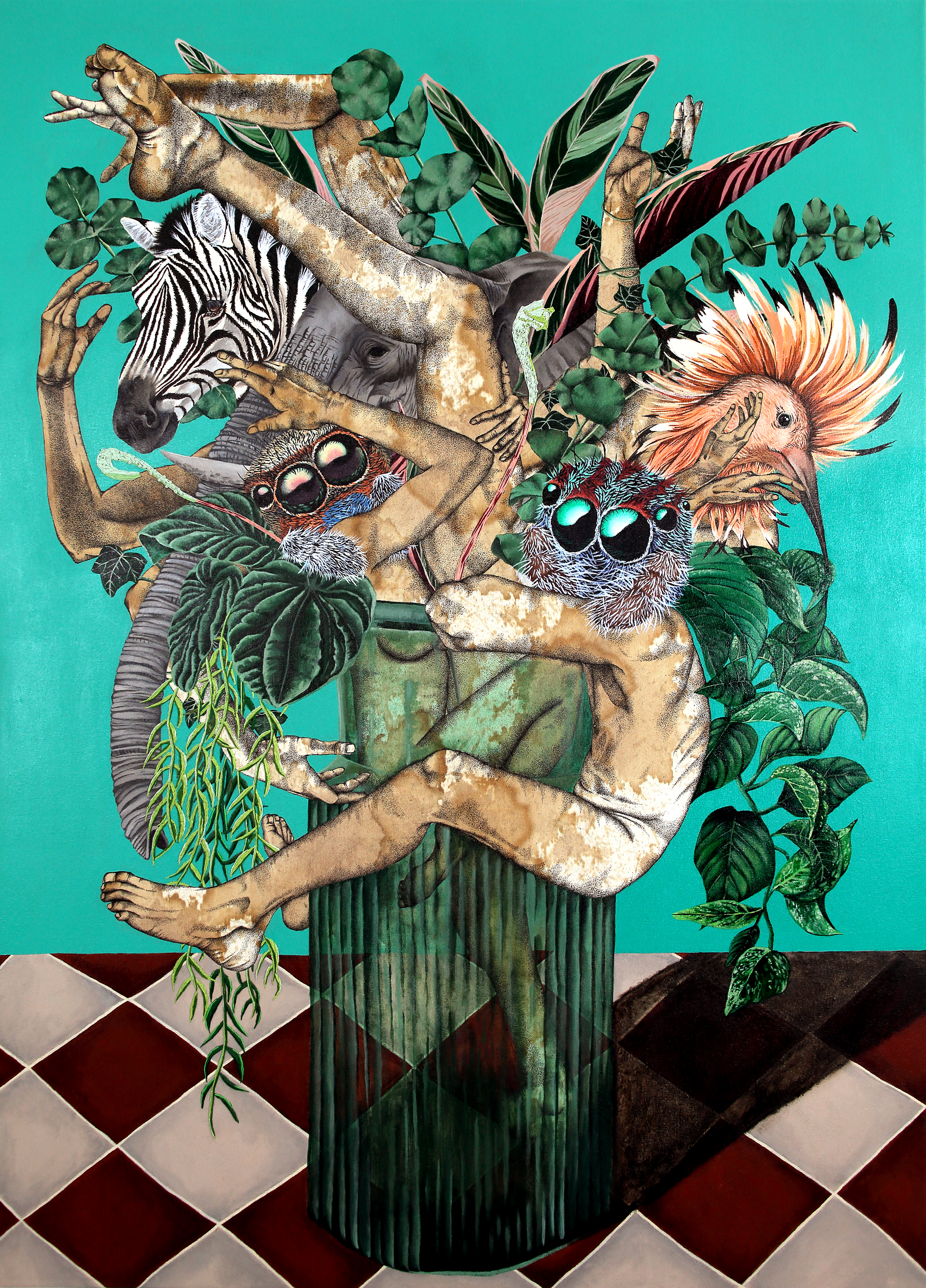 Bouquet of Chaos / 80cm x 110 / ink, coffee, acrylic, thread on canvas / 2020 / private collection