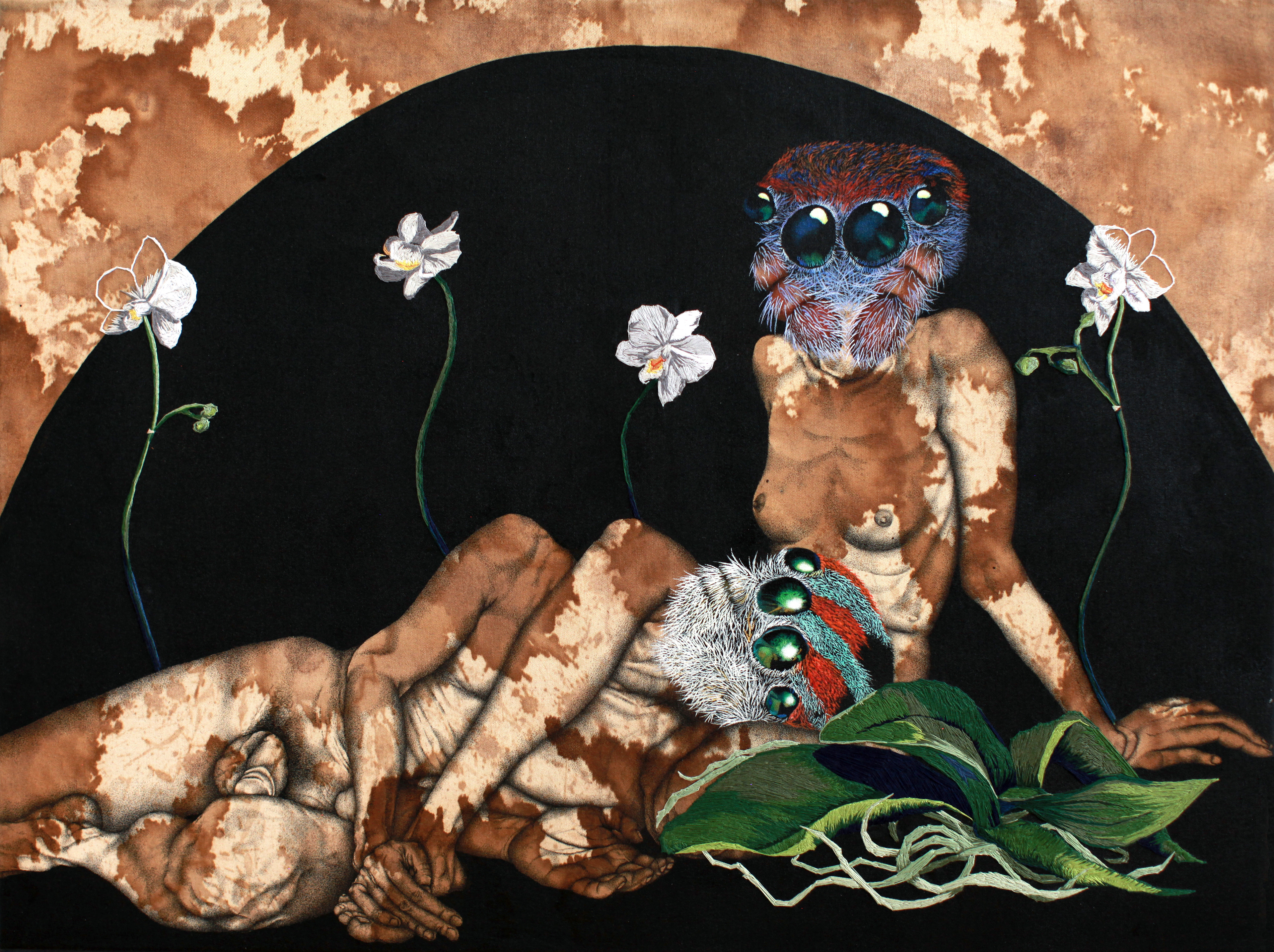 The two / 60cm x 80cm / ink acrylic, coffee, thread on canvas / 2018 / private collection