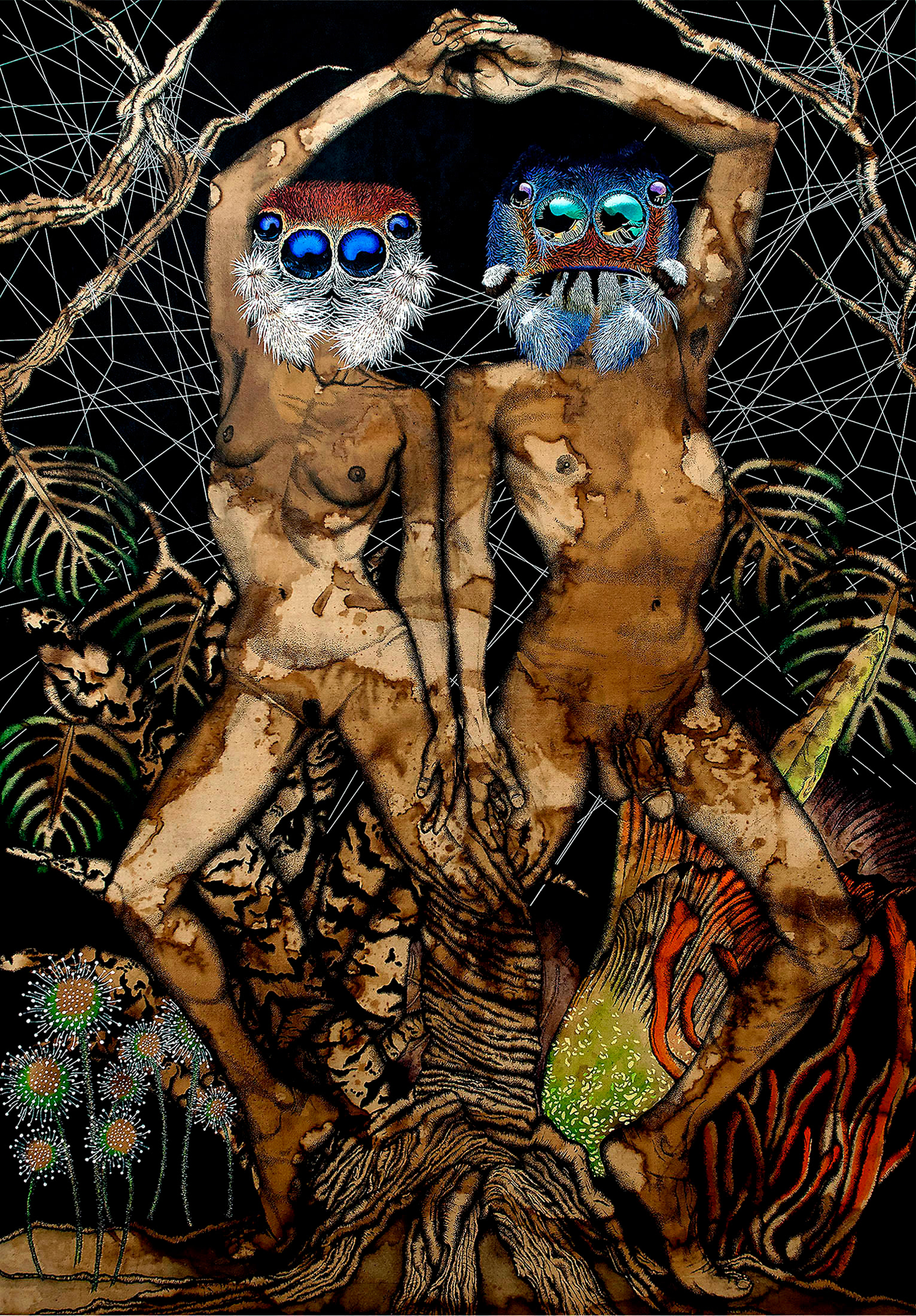 Web of Life / 70cm x 100cm / ink, acrylic, coffee, thread on canvas / 2016 / private collection