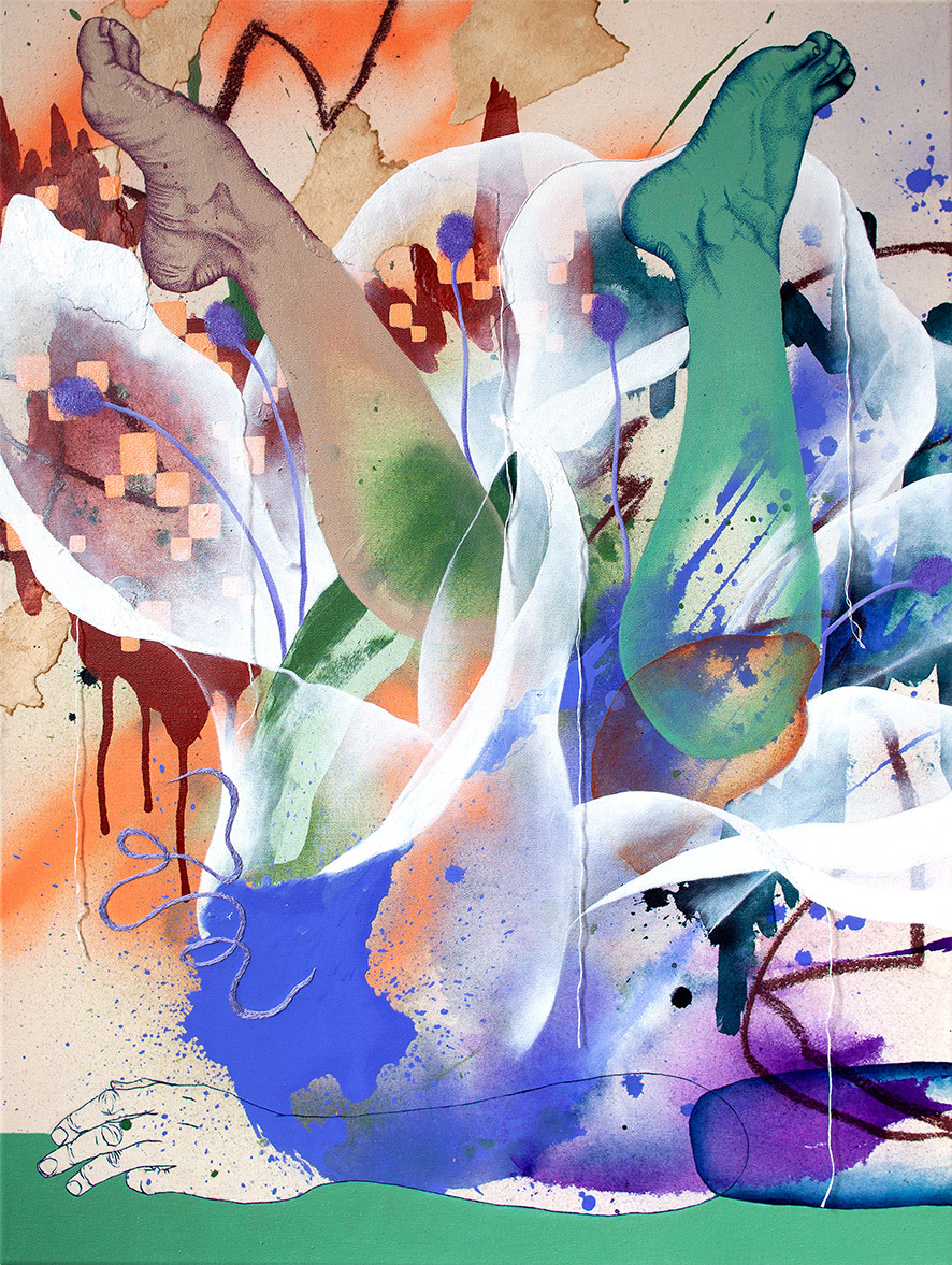 White Dance / 60cm x 80cm / acrylic, pastel, coffee stained paper, thread on canvas / 2022
