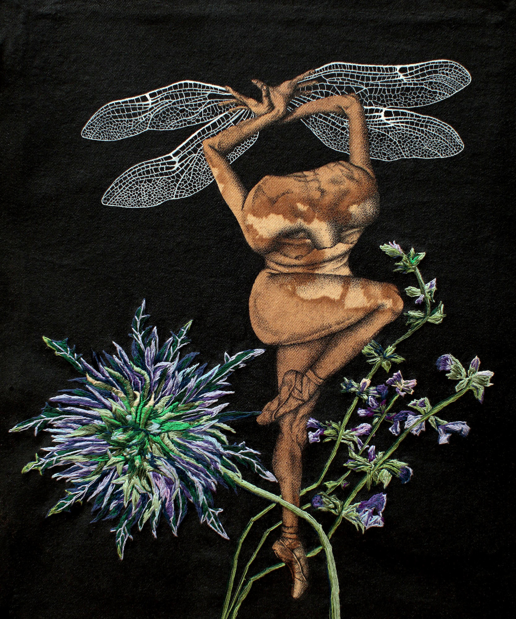 figurative dragonfly / 25cm x 30cm / ink, coffee, thread on canvas / 2017 / private collection