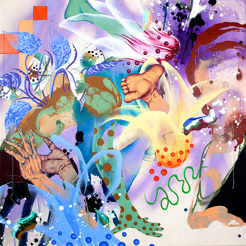 Botanical Explosion / 80cm x 80cm / acrylic, pastel, paper, ink, charcoal, pencil, embroidery on canvas / 2022