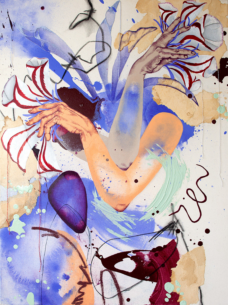 Lilac Movement / 60cm x 80cm / acrylic, pastel, charcoal, coffee stained paper, thread on canvas / 2021