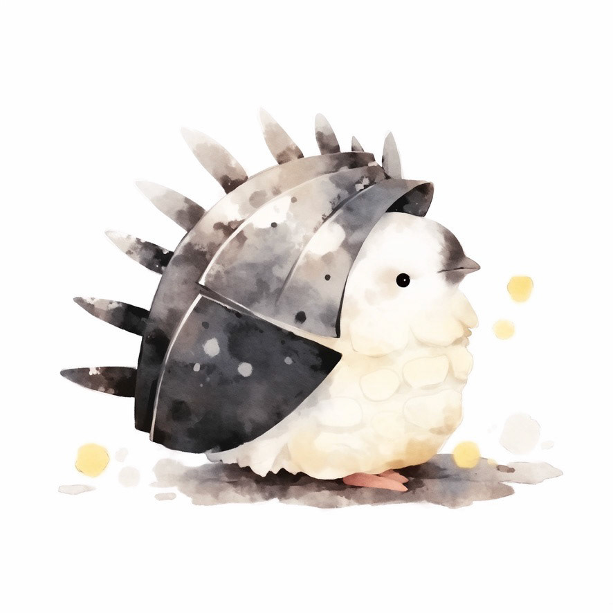 a baby turtle chicken in armor. his head is tilted back. minimalistic bulbous watercolor, blended, irregular puddle, black and creame ink, strong lines on white background --style cute --stylize 250 --niji 5 Job ID: 43600af6-f65d-415a-a950-9df3c5ab69eb