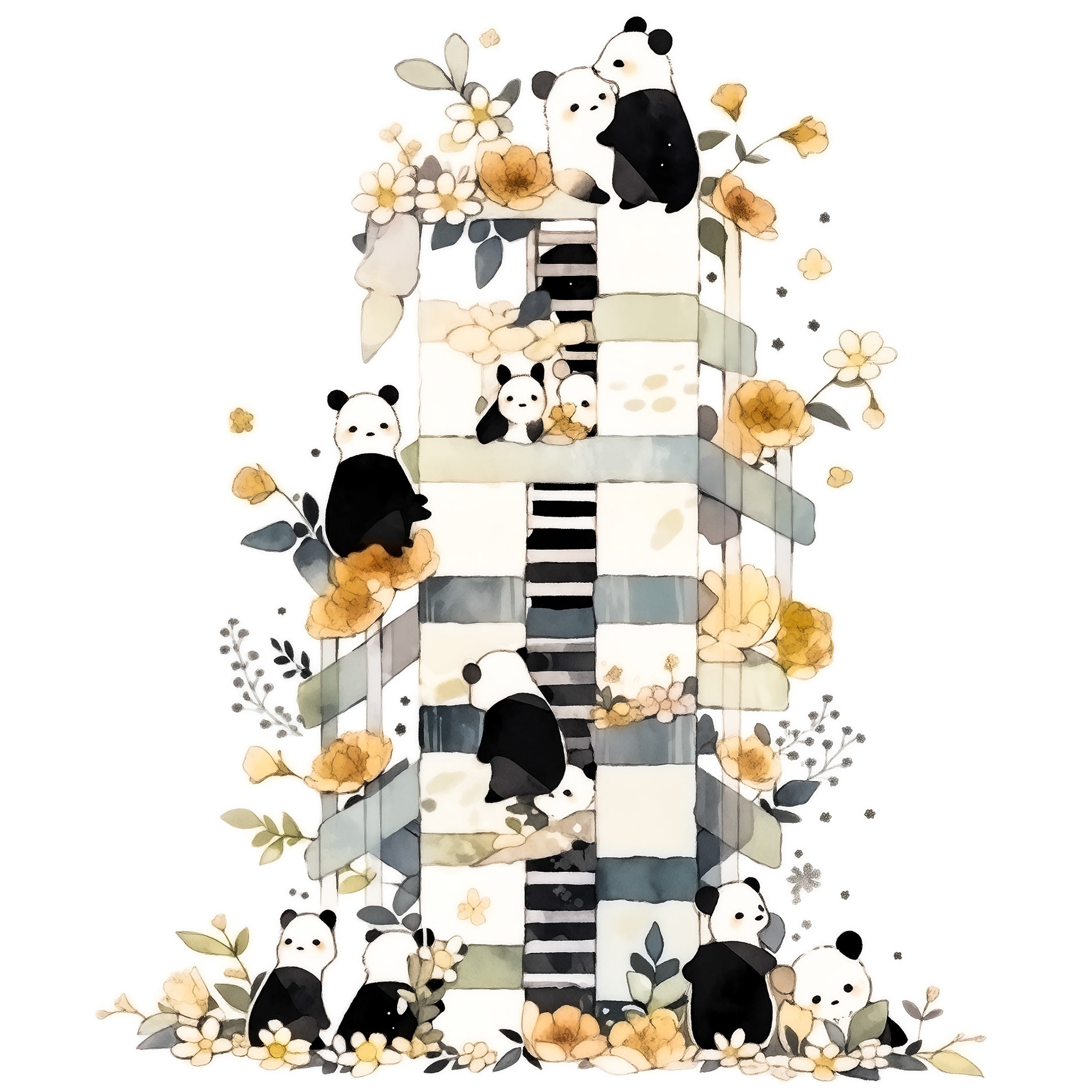 baby pandas in machine flower tower. black and white. his head is tilted up. minimalistic bulbous watercolor, blended, irregular puddle, black and creame ink, strong lines on white background --style cute --stylize 250 --niji 5 Job ID: d75df98e-b074-475c-b1e3-35369a05e525