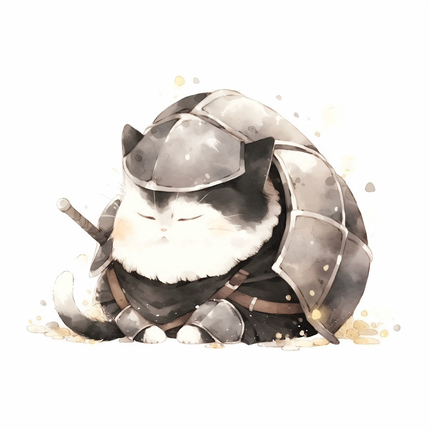 a grumpy cat in armor. black. his head is tilted back. minimalistic bulbous watercolor, blended, irregular puddle, black and creame ink, strong lines on white background --style cute --stylize 250 --niji 5 Job ID: 7a292455-0a70-4747-8eef-f3660d7f82fd