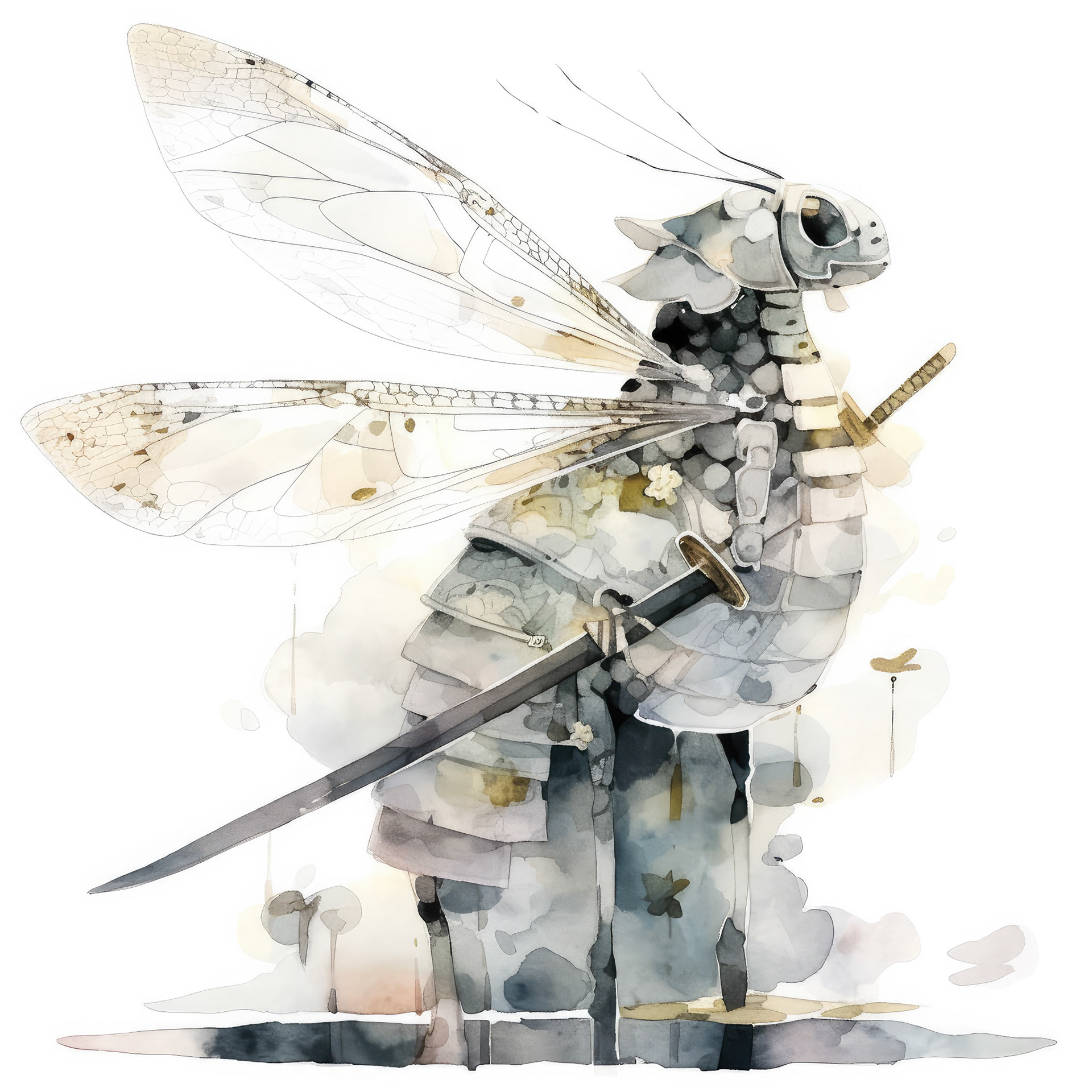 dragonfly in armor. pet portrait, regal vibe. his head is tilted back, sleeping. minimalistic bulbous watercolor, blended, irregular puddle, black and creame ink, strong lines on white background --style cute --stylize 50 --niji 5 Job ID: 5f675a43-956f-42ea-ab37-8ae9fdb71abb