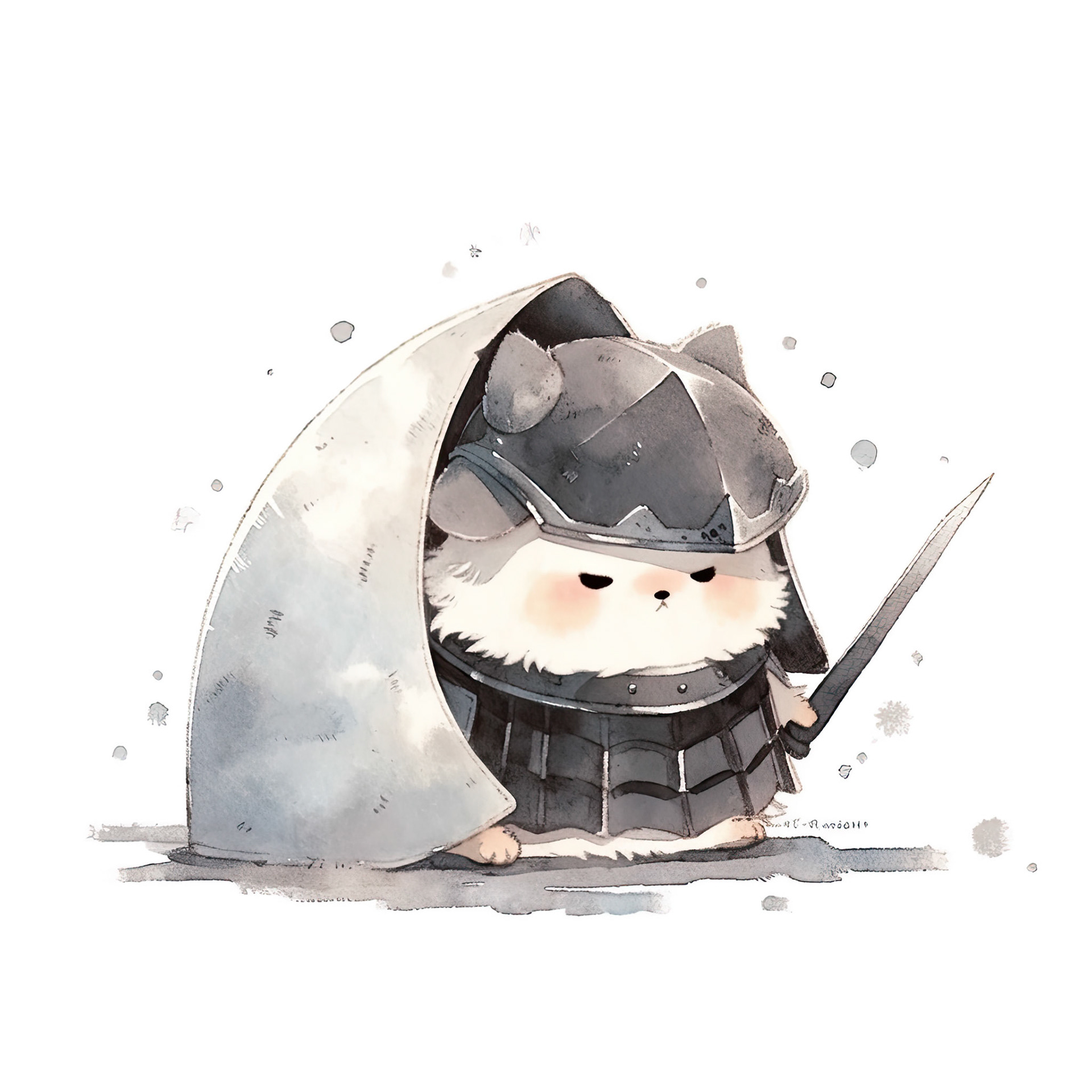 a baby grumpy cat in armor. black. his head is tilted back. minimalistic bulbous watercolor, blended, irregular puddle, black and creame ink, strong lines on white background --style cute --stylize 250 --niji 5 Job ID: 6174923f-af2d-4a01-9a55-cbe6d4d0b710