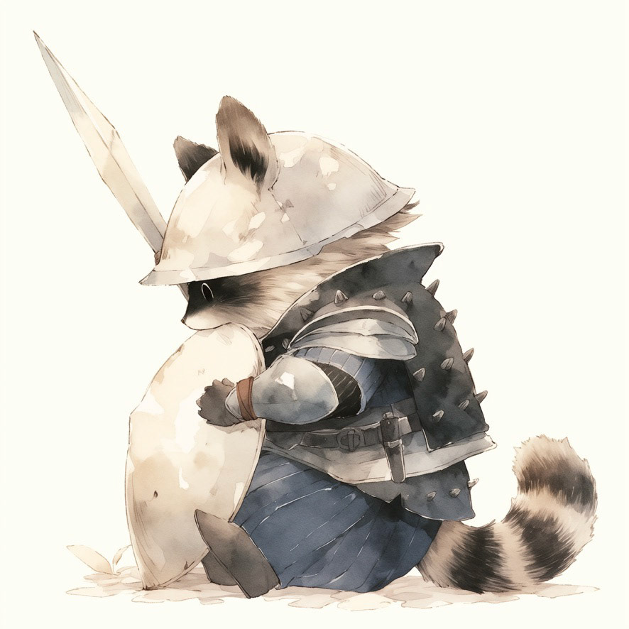 a baby raccoon in armor. black. his head is tilted back. minimalistic bulbous watercolor, blended, irregular puddle, black and creame ink, strong lines on white background --style cute --stylize 250 --niji 5 Job ID: e074b583-36bb-4bbf-9e49-797917e72963