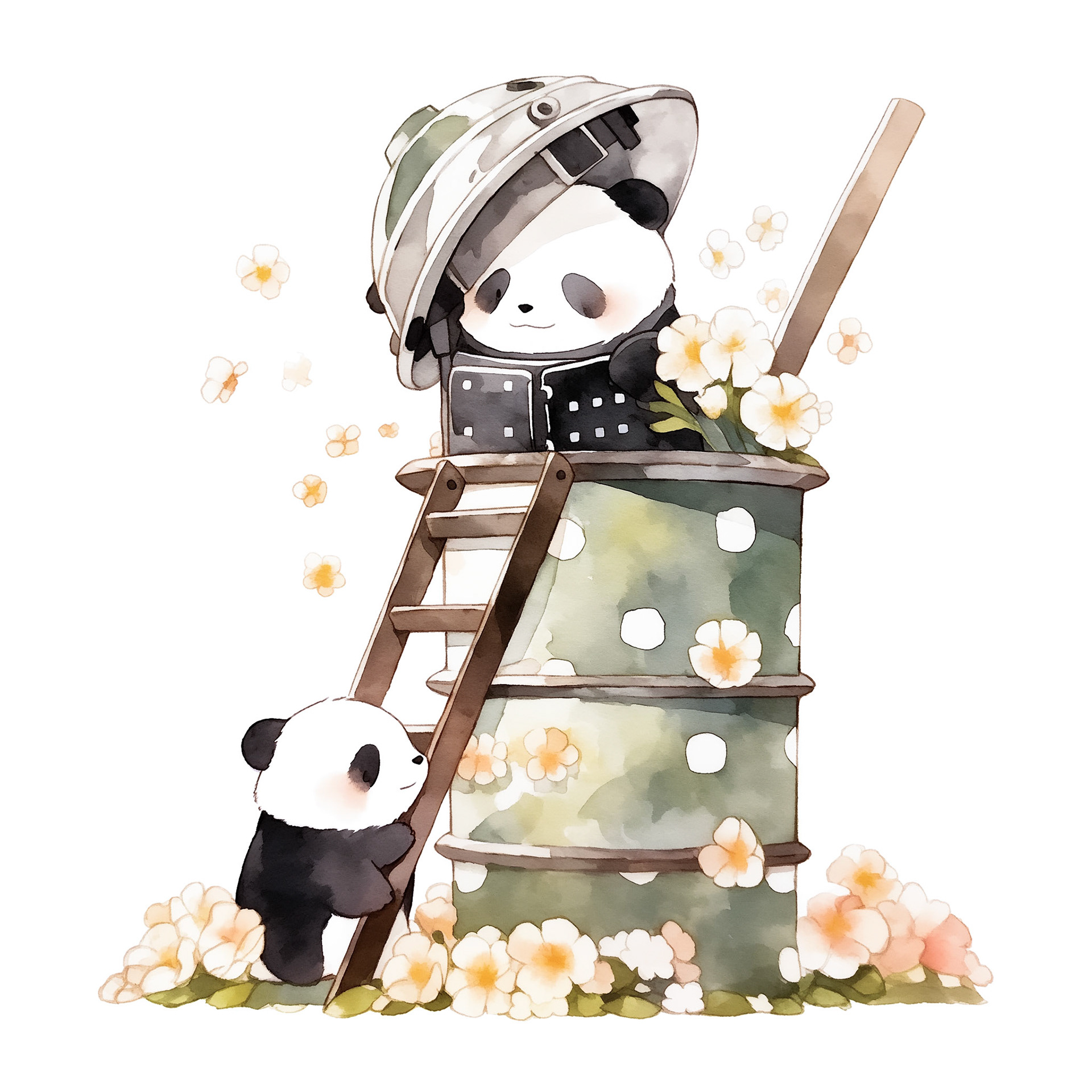 baby pandas in machine armor helmet. a bamboo treehouse, in a flower bed. . black and white. his head is tilted up. minimalistic bulbous watercolor, blended, irregular puddle, black and creame ink, strong lines on white background --style cute --stylize 250 --niji 5 Job ID: 646ed14d-2665-4adb-8622-15192222d62c