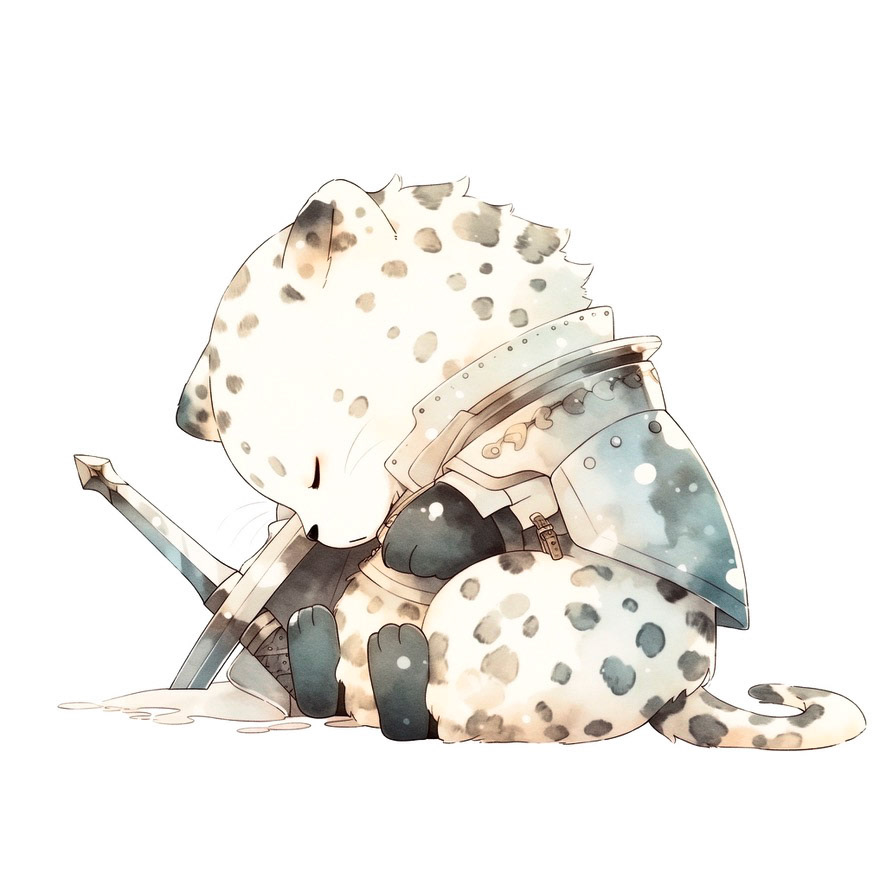 a baby leopard in armor. sleeping and grooming. his head is tilted back. minimalistic bulbous watercolor, blended, irregular puddle, black and creame ink, strong lines on white background --style cute --stylize 450 --niji 5 Job ID: 86c44d82-333c-40d3-aefa-6811bef8c122
