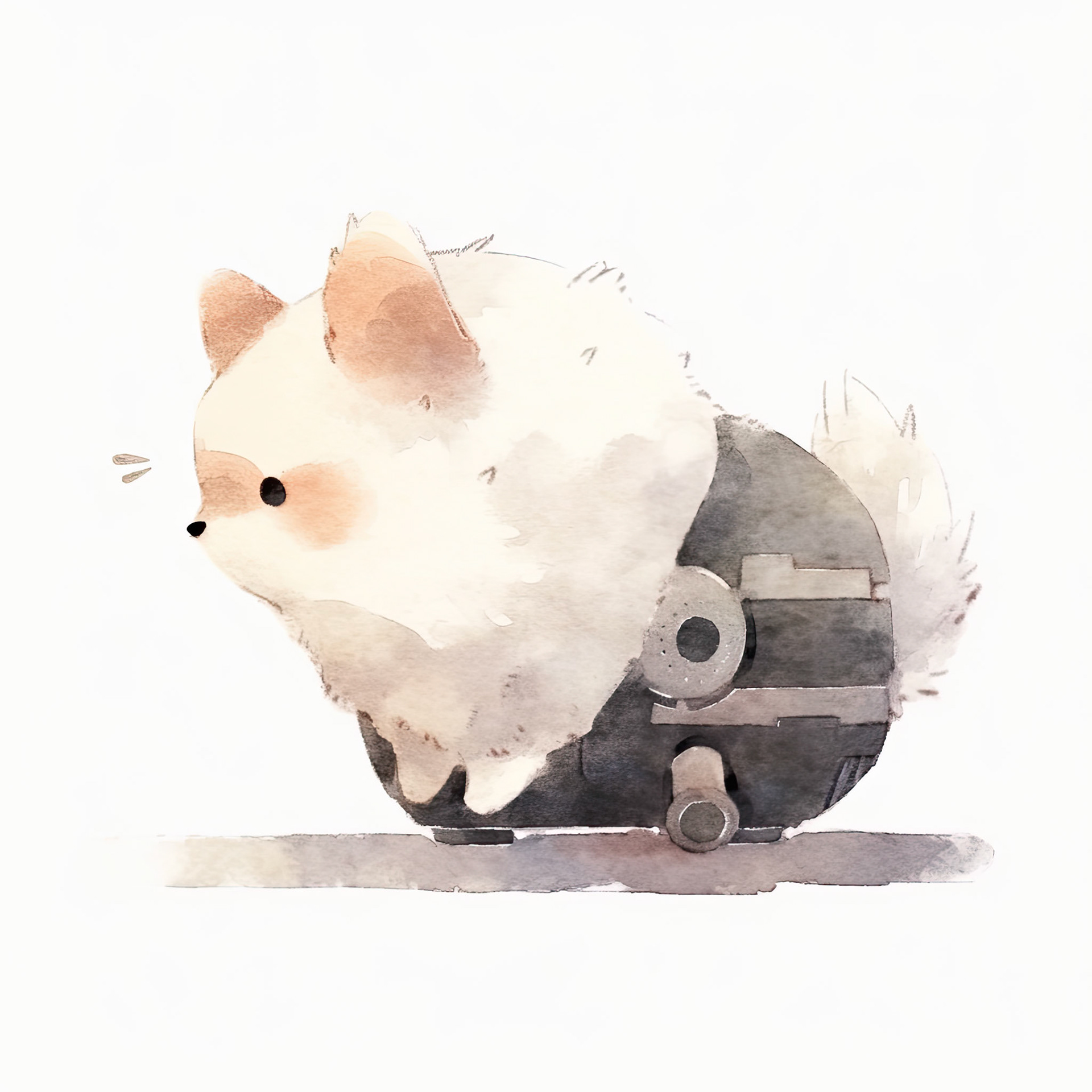 a robot pomeranian. his head is tilted back. minimalistic bulbous watercolor, blended, irregular puddle, black and creame ink, strong lines on white background --style cute --stylize 250 --niji 5 Job ID: c1b74737-ba83-49df-93d7-4461feb87b8f