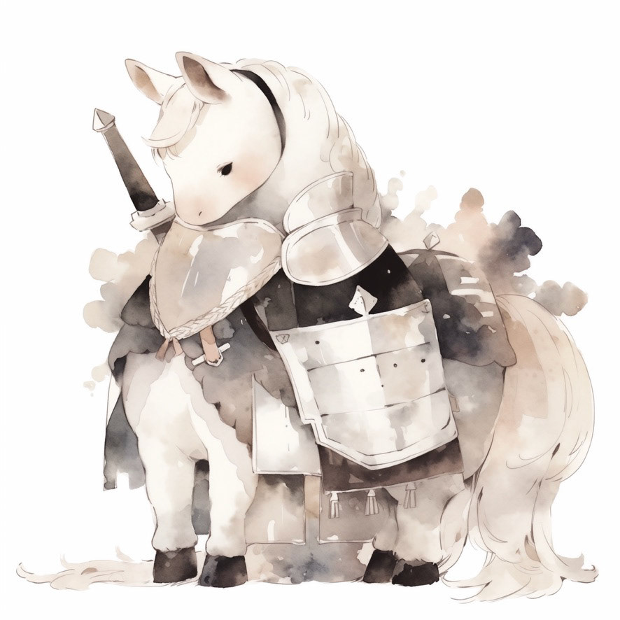 a baby horse in armor, black and white, his head is tilted back. minimalistic bulbous watercolor, blended, irregular puddle, black and creame ink, strong lines on white background --style cute --stylize 250 --niji 5 Job ID: b917c2d0-b738-4917-ac72-06892aa7d98f