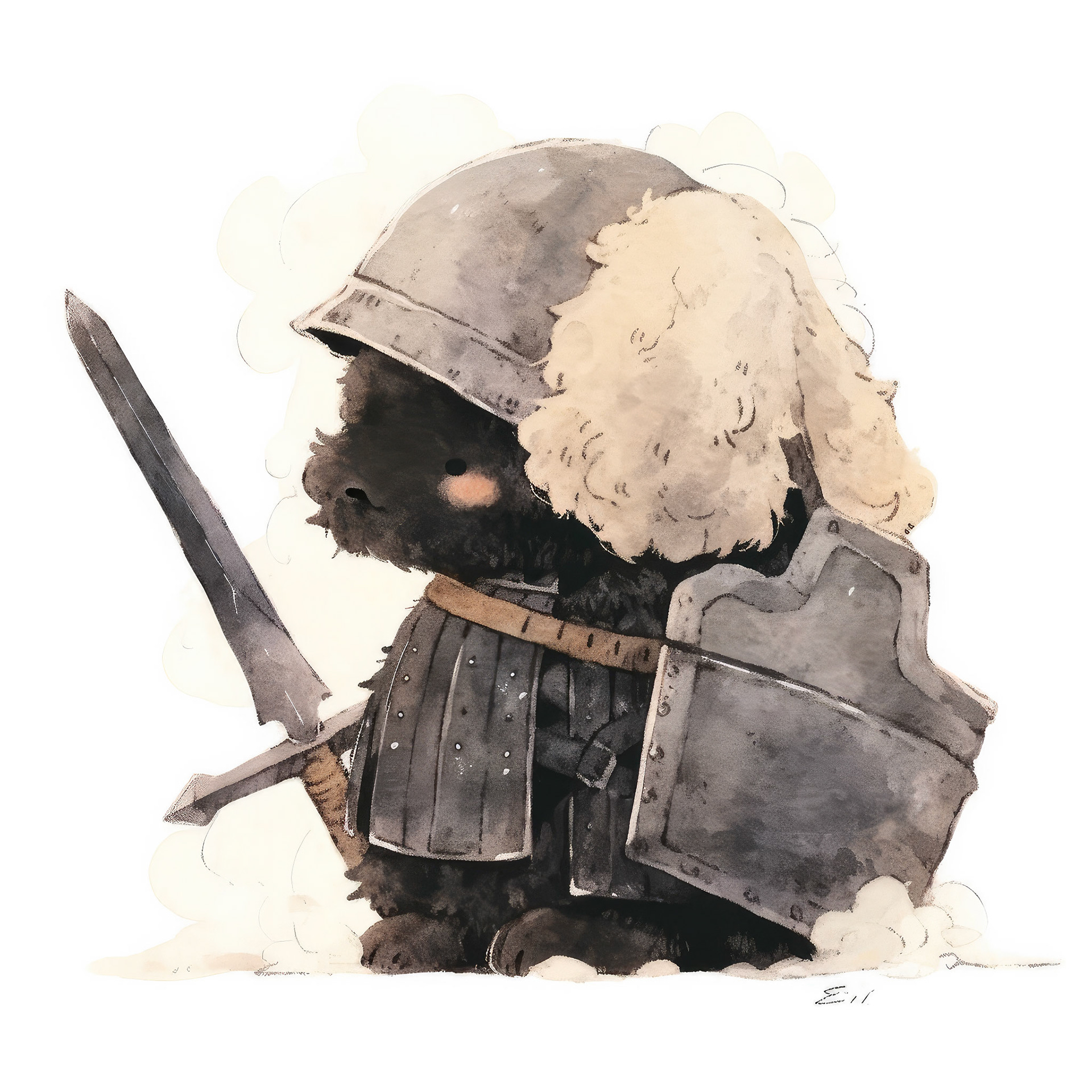 a baby poodle in armor. black. his head is tilted back. minimalistic bulbous watercolor, blended, irregular puddle, black and creame ink, strong lines on white background --style cute --stylize 250 --niji 5 Job ID: 8b2ea7c4-8bbb-48b4-9d1b-4ee0cf4879aa