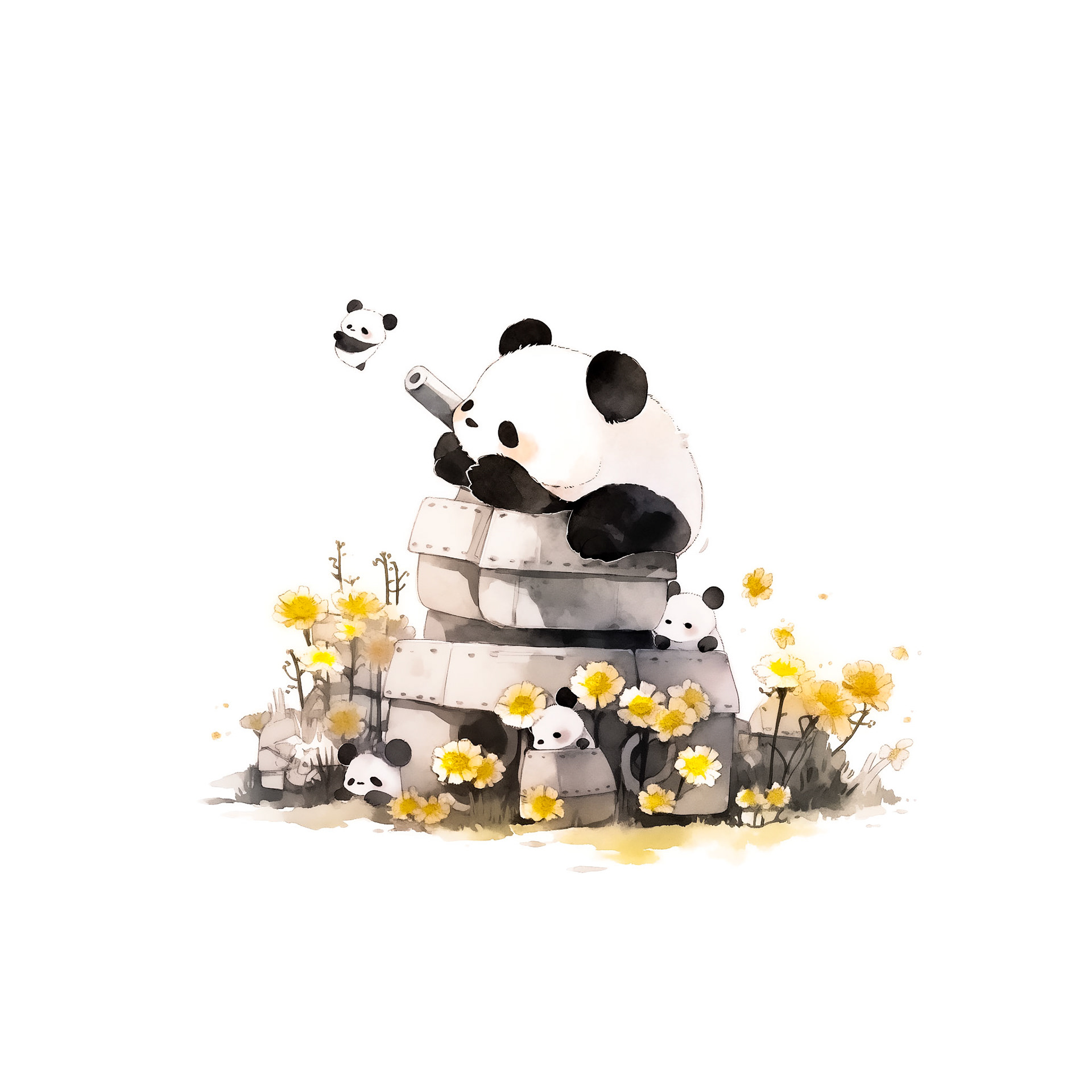 wild flower garden. baby pandas in machine armor. black and white. his head is tilted up. minimalistic bulbous watercolor, blended, irregular puddle, black and creame ink, strong lines on white background --style cute --stylize 250 --niji 5 Job ID: 3a51bc63-1ec9-4423-aa7f-7eb153895cf7