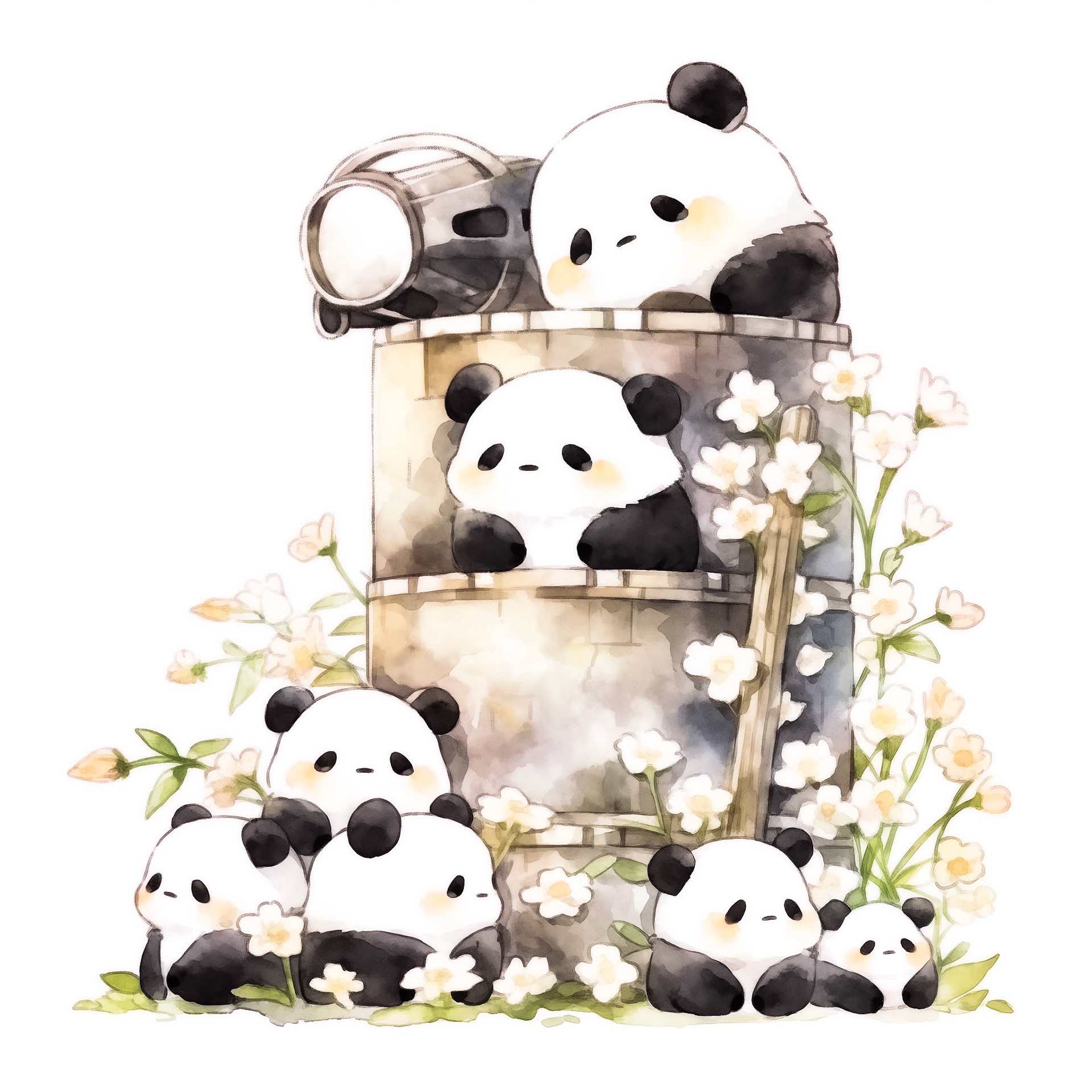 baby pandas in machine armor helmet. a bamboo treehouse, in a flower bed. . black and white. his head is tilted up. minimalistic bulbous watercolor, blended, irregular puddle, black and creame ink, strong lines on white background --style cute --stylize 250 --niji 5 Job ID: de70c549-c591-4c1a-b4b4-5ab5e1f41935