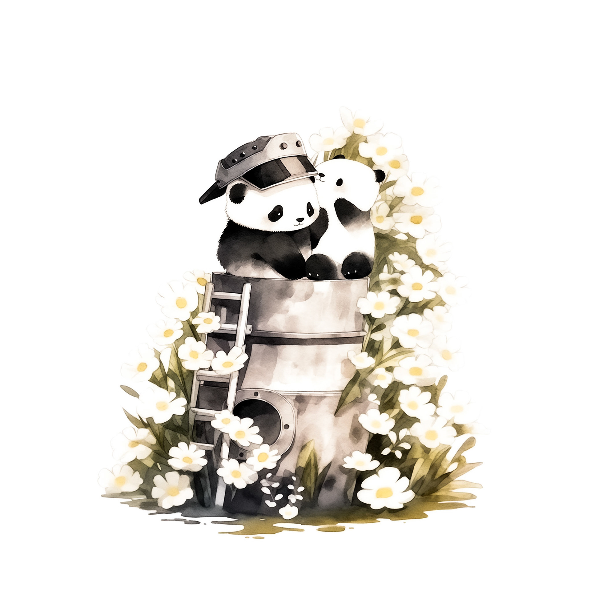 baby pandas in machine armor helmet. a bamboo treehouse, in a flower bed. . black and white. his head is tilted up. minimalistic bulbous watercolor, blended, irregular puddle, black and creame ink, strong lines on white background --style cute --stylize 250 --niji 5 Job ID: 0b131b14-6672-42c0-8f64-c1b82062f01c