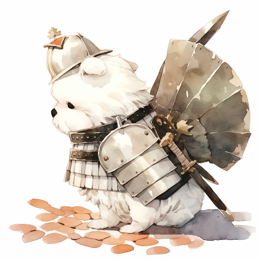 a shitzu maltese in armor. white. his head is tilted back. minimalistic bulbous watercolor, blended, irregular puddle, black and creame ink, strong lines on white background --style cute --stylize 250 --niji 5 Job ID: 5d340ec1-84b7-416c-9151-038b29223f33