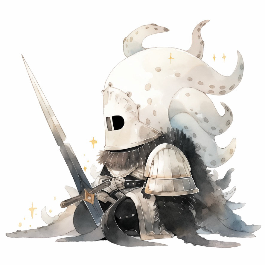 a octopus wearing armor. black fur. his head is tilted back. white background, minimalistic bulbous watercolor, blended, irregular puddle, black and creame ink, strong lines on white background --style cute --stylize 250 --niji 5 Job ID: d0e669ab-e839-4cd7-8e0d-21f277251f67