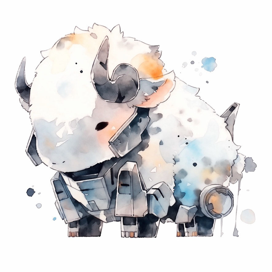 a baby buffalo in machine armor. his head is tilted up. minimalistic bulbous watercolor, blended, irregular puddle, black and creame ink, strong lines on white background --style cute --stylize 250 --niji 5 Job ID: e6357de1-4832-4f2f-99d0-acebf3885e61