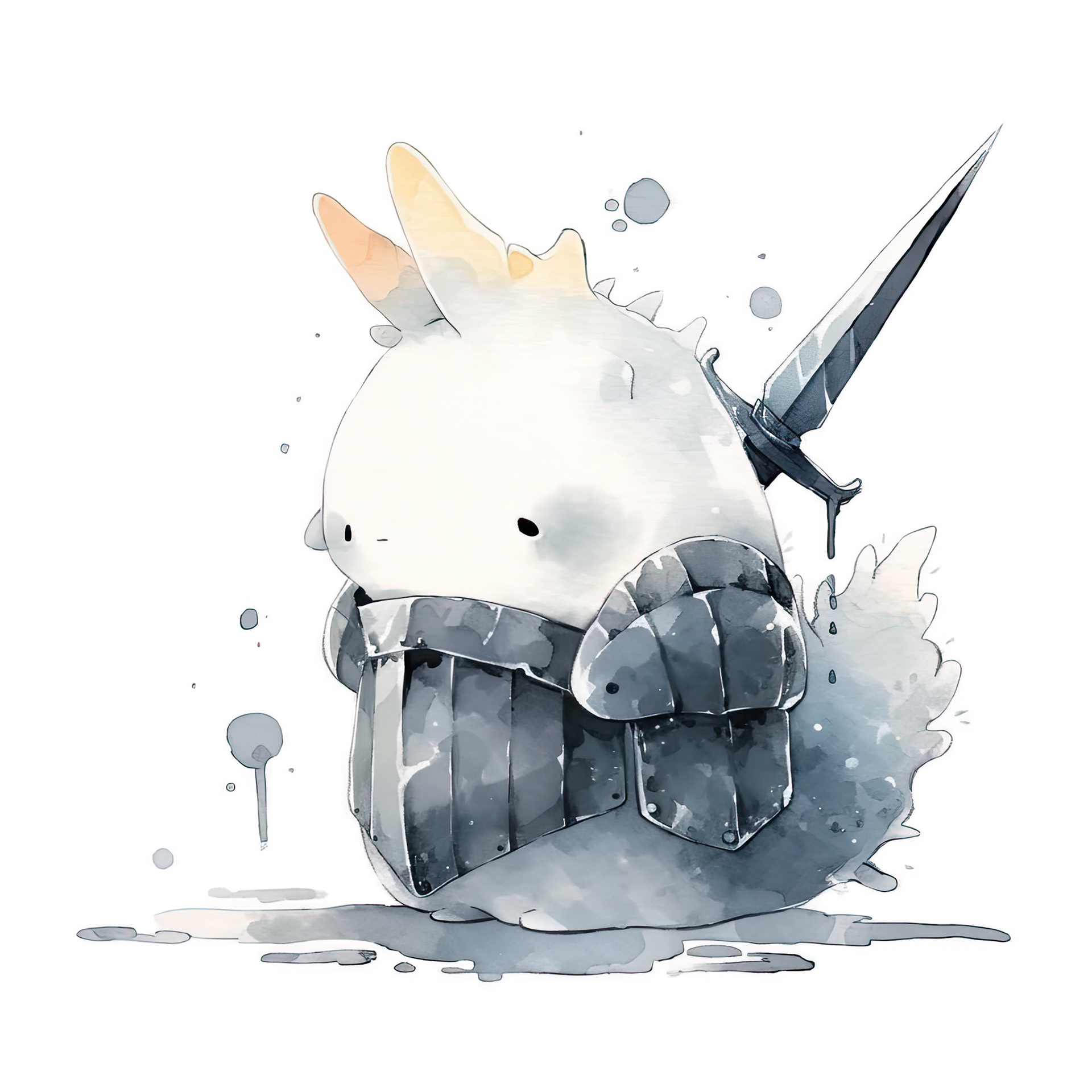 a nudibranch in armor. his head is tilted back. minimalistic bulbous watercolor, blended, irregular puddle, black and creame ink, strong lines on white background --style cute --stylize 250 --niji 5 Job ID: 10a3911b-1fa0-431e-8fdd-6ca6fe79f901