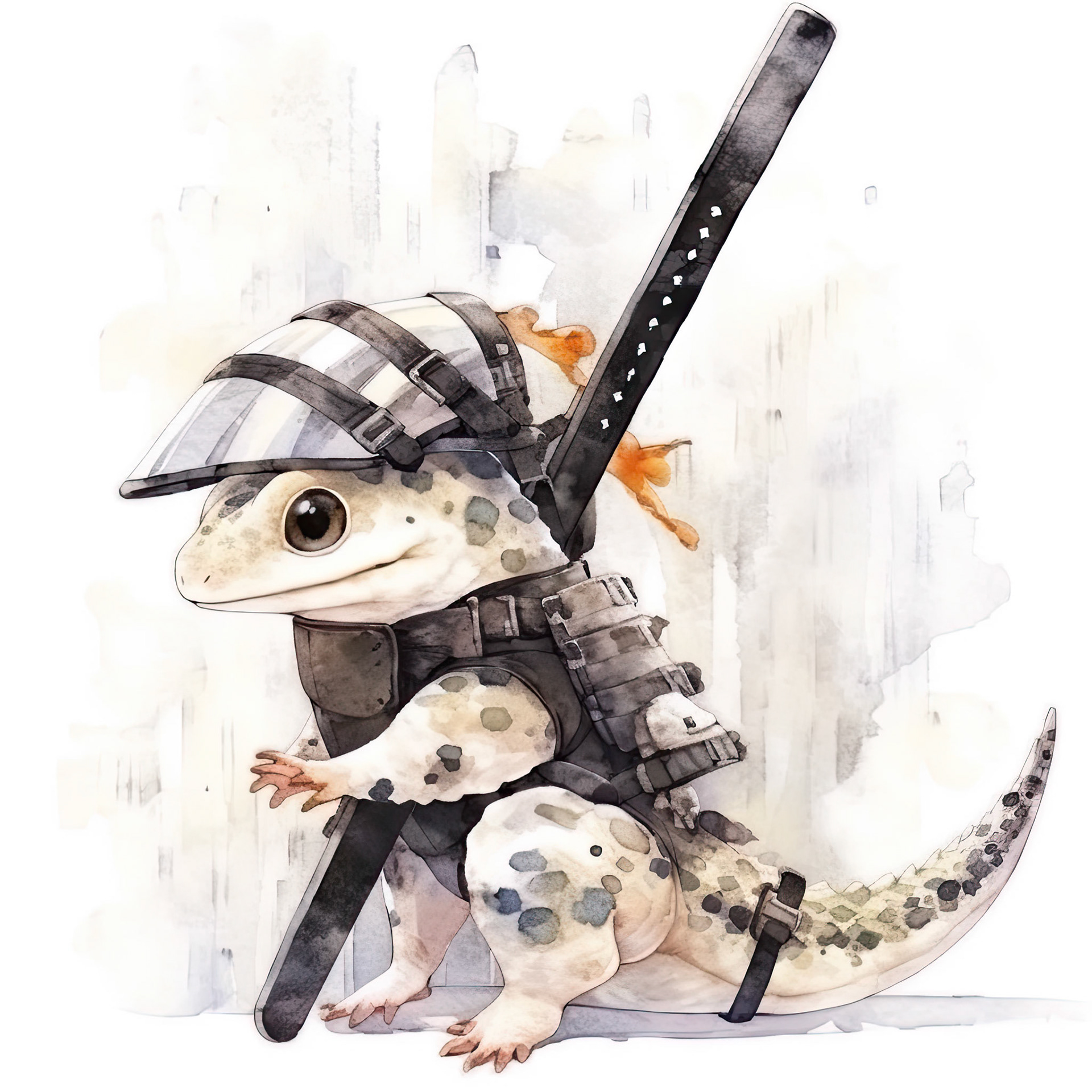 a baby gecko in armor. his head is tilted back. minimalistic bulbous watercolor, blended, irregular puddle, black and creame ink, strong lines on white background --style cute --stylize 250 --niji 5 Job ID: 5588d943-3dd4-42fa-a95a-003b584ab453