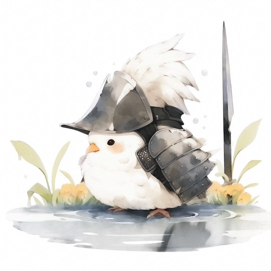 a baby rooster in armor, in a pond. his head is tilted up. minimalistic bulbous watercolor, blended, irregular puddle, black and creame ink, strong lines on white background --style cute --stylize 150 --niji 5 Job ID: bf5bc4c2-711e-4b7b-8a7b-32e7cdeb4864