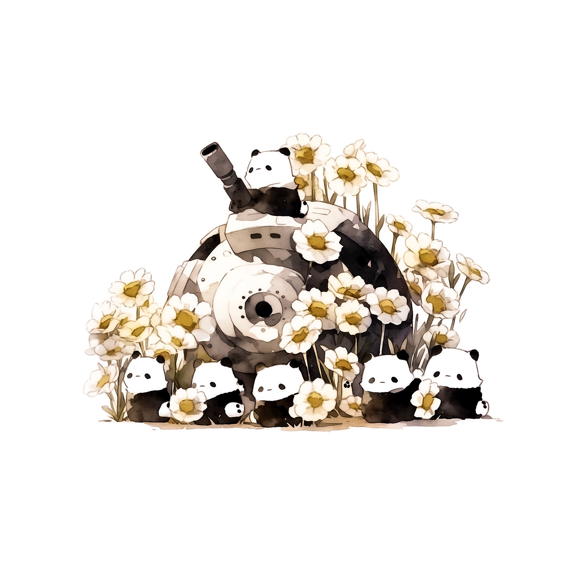 baby pandas in machine armor. in a flower bed. black and white. his head is tilted up. minimalistic bulbous watercolor, blended, irregular puddle, black and creame ink, strong lines on white background --style cute --stylize 250 --niji 5 Job ID: da4120b3-3f88-4ef1-b1fd-4f7863e123d2