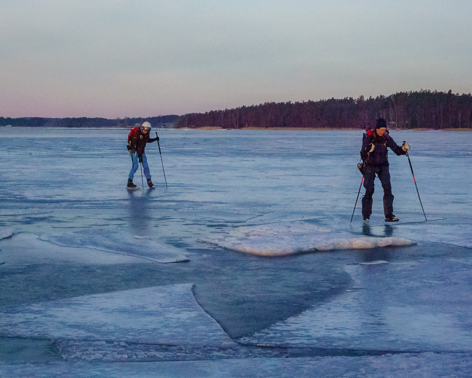 Ice floe hopping trying to find a way around an island.