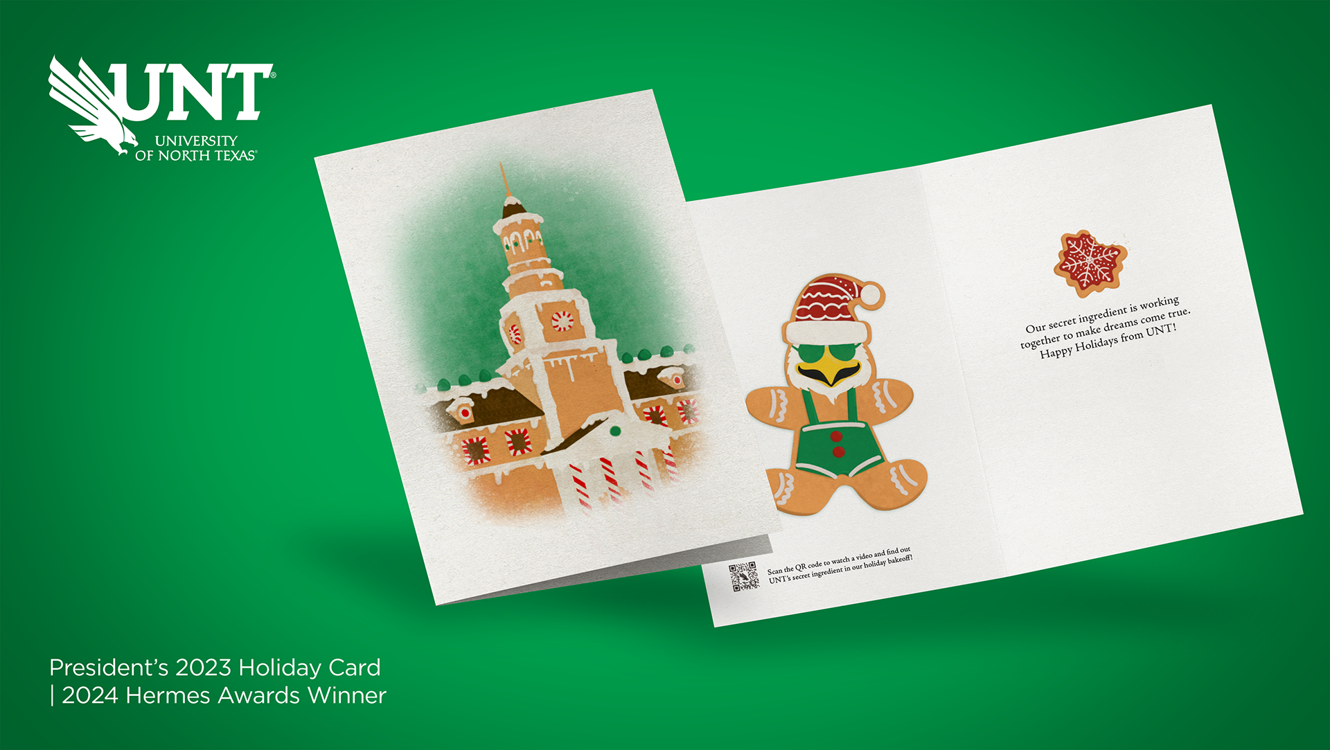 Mockup of the UNT 2023 Holiday Card featuring hand drawn illustration of the clocktower on a green background.
