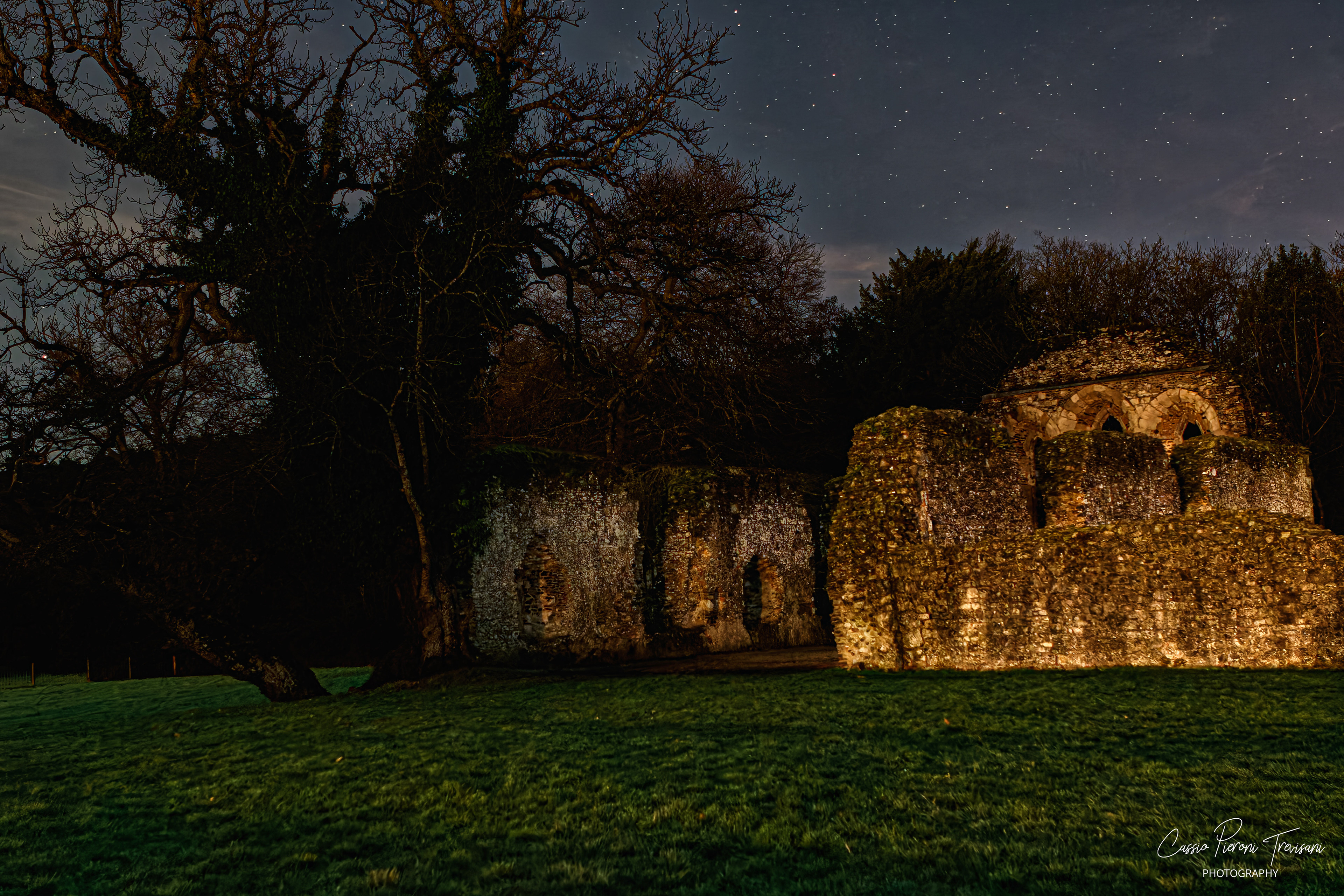 Waverley Abbey ruins at night with warm lighting and trees surrounding the site.