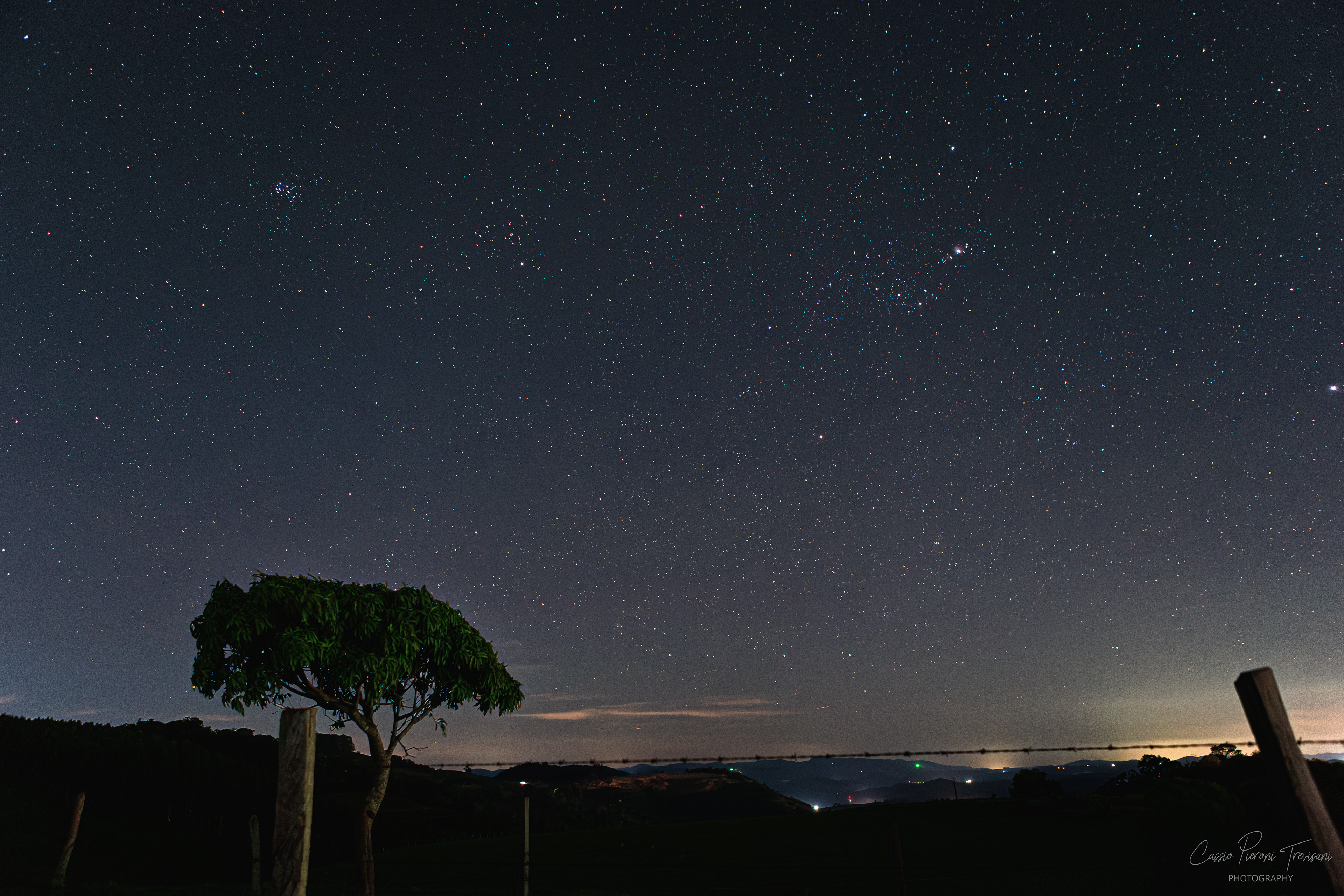 Bright star field above Jacutinga countryside with lone tree silhouette.