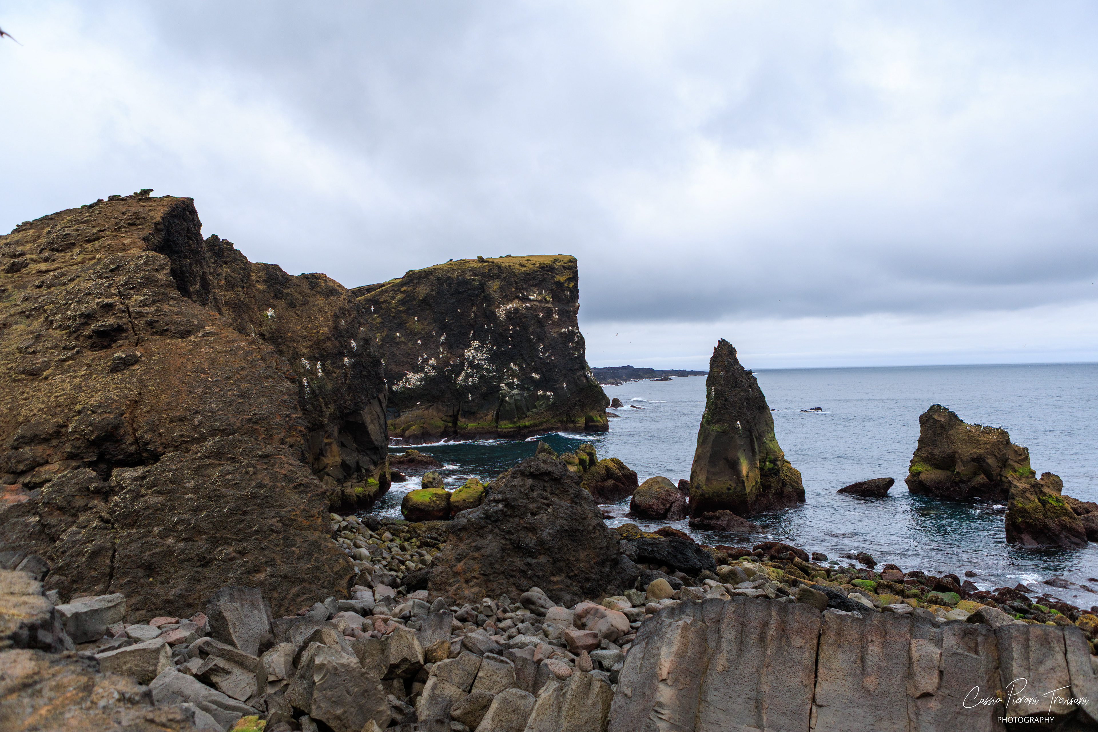 Sea Stacks at Valahnúkamöl: Jagged sea stacks rise from the Atlantic at Valahnúkamöl, framed by dark cliffs, basalt rock, and a grey Icelandic sky.