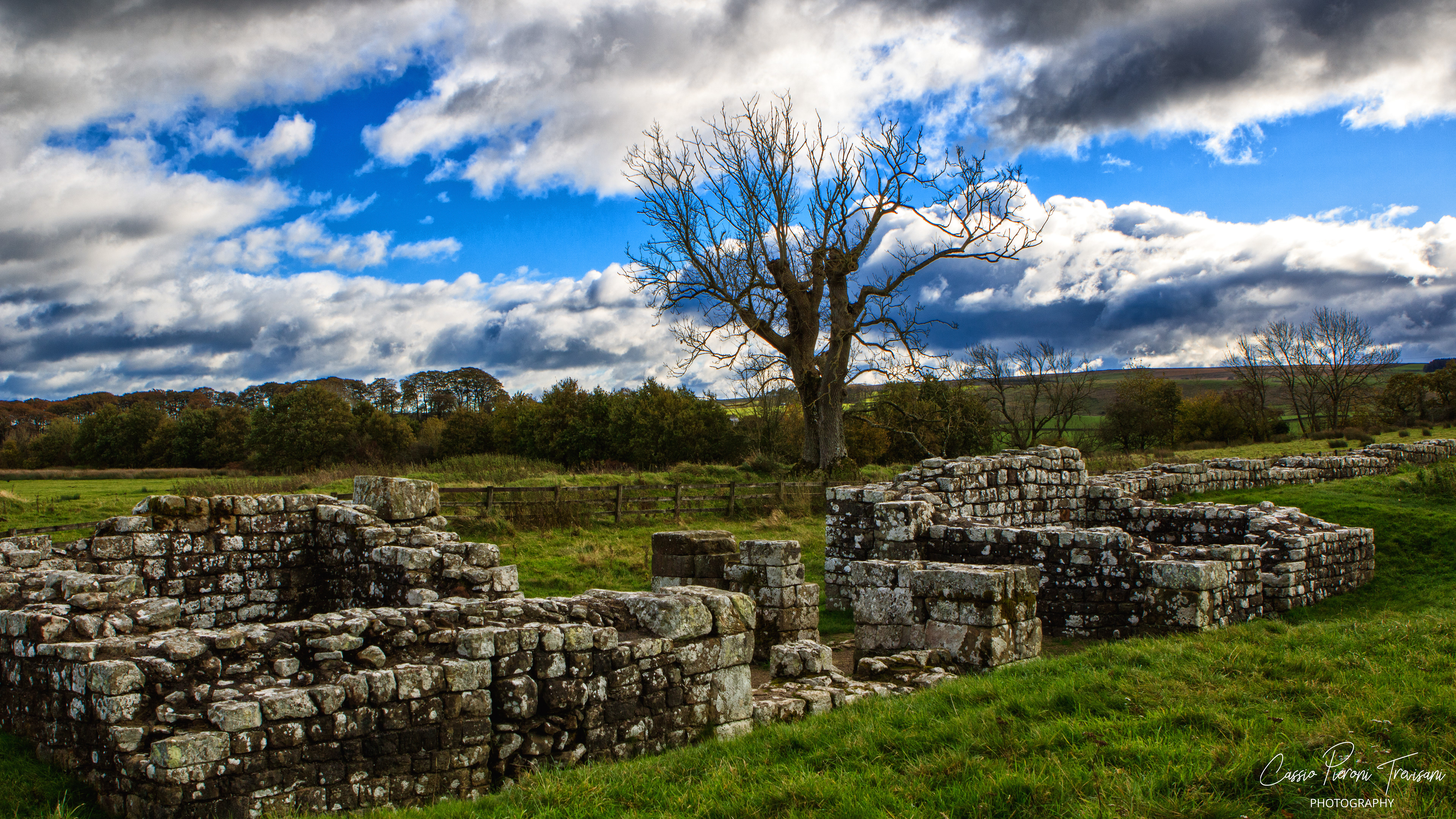 Ancient Roman stonework resting quietly in the Northumberland countryside, framed by autumn trees and expansive skies.