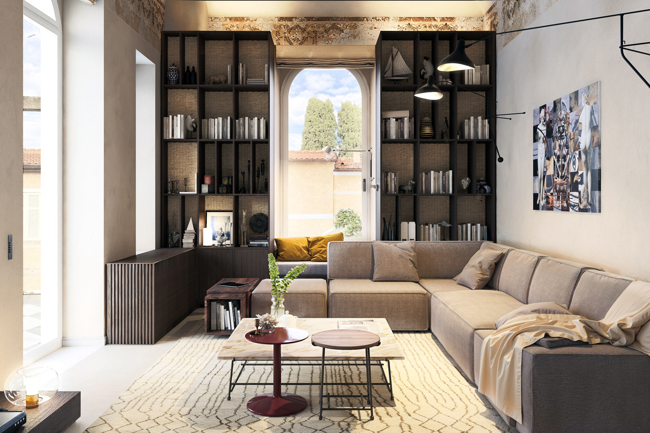 Warm and cozy living room imagery on the Italian coast with dark smoked oak finishes and wall decorations - Yume Visual