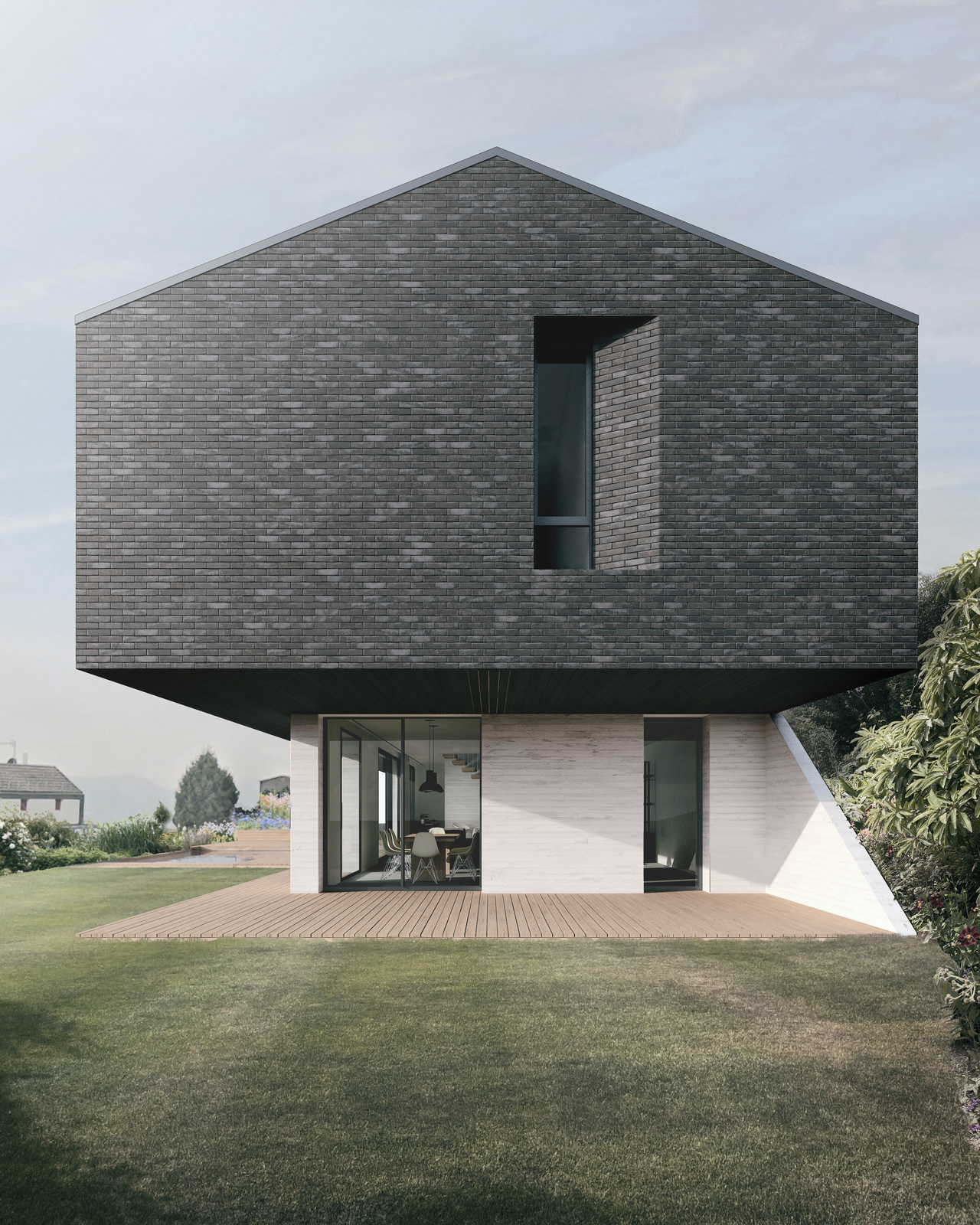 Contemporary cantilevered house imagery in Switzerland with black bricks and white concrete – Yume Visual