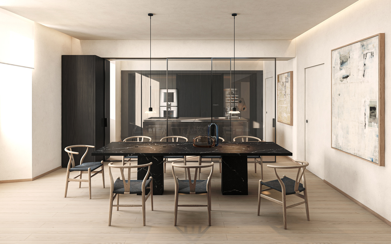A minimalistic dining room with a big black marquinia marble table and light wooden chairs and a metal and dark wood kitchen in the background – Yume Visual