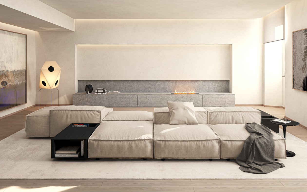 Bright minimalist living room imagery for a Milan real estate project - Yume Visual 