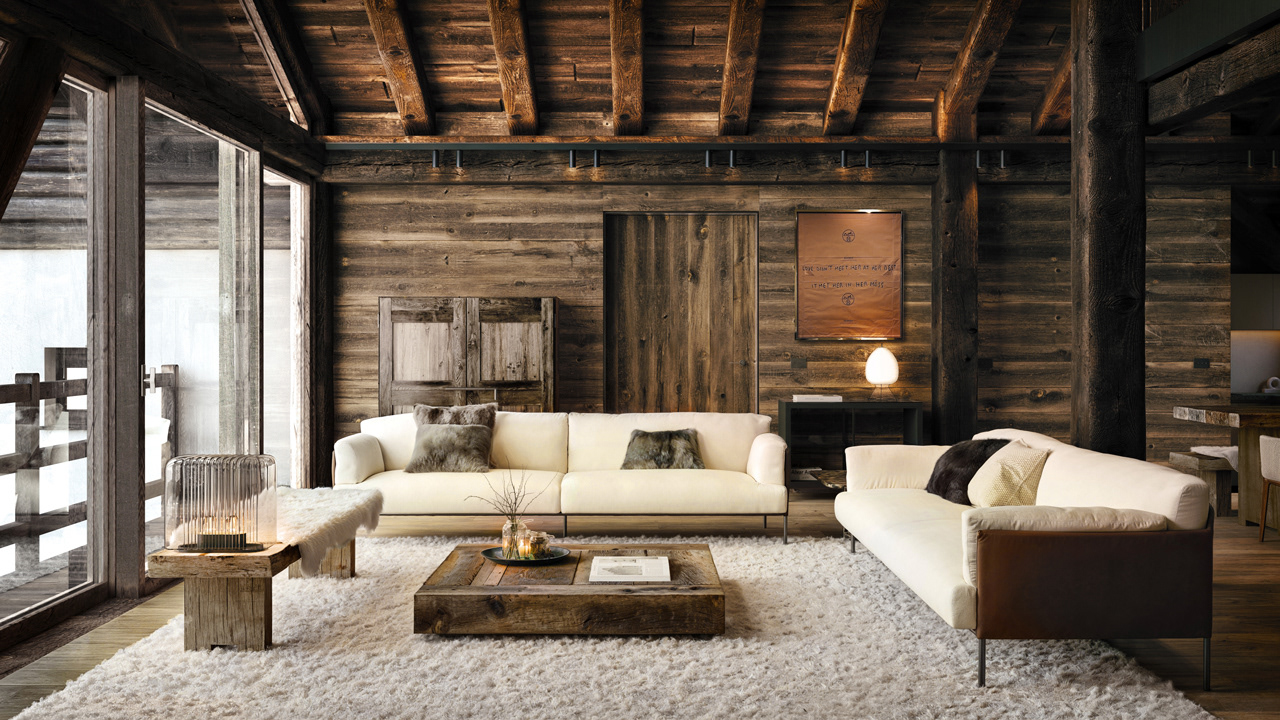Bright and cozy living room with wooden walls and floor, soft fabric sofa and fur carpet, blankets and cushions – Yume Visual
