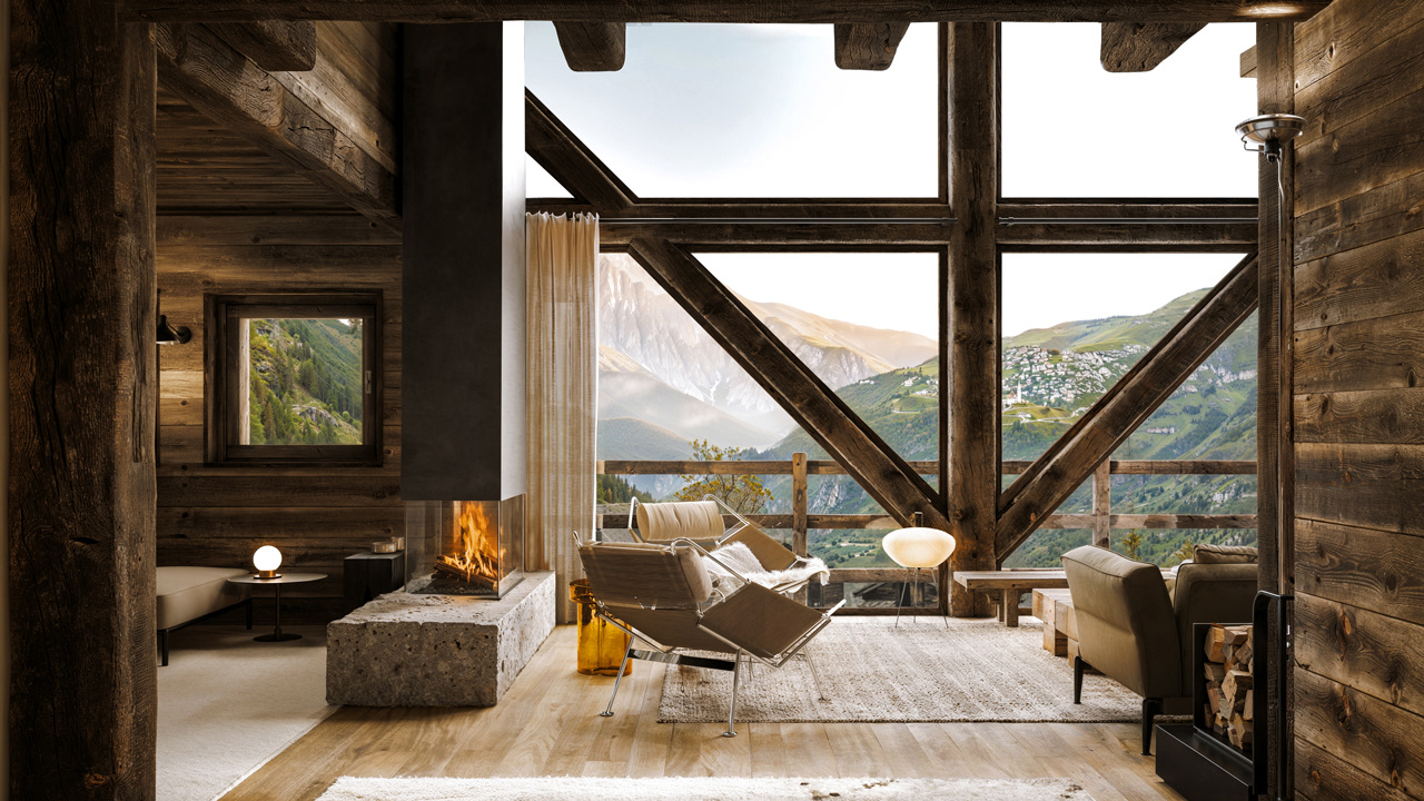 Warm aesthetic chalet living room imagery in the Italian Alps featuring soft natural lighting  - Yume Visual