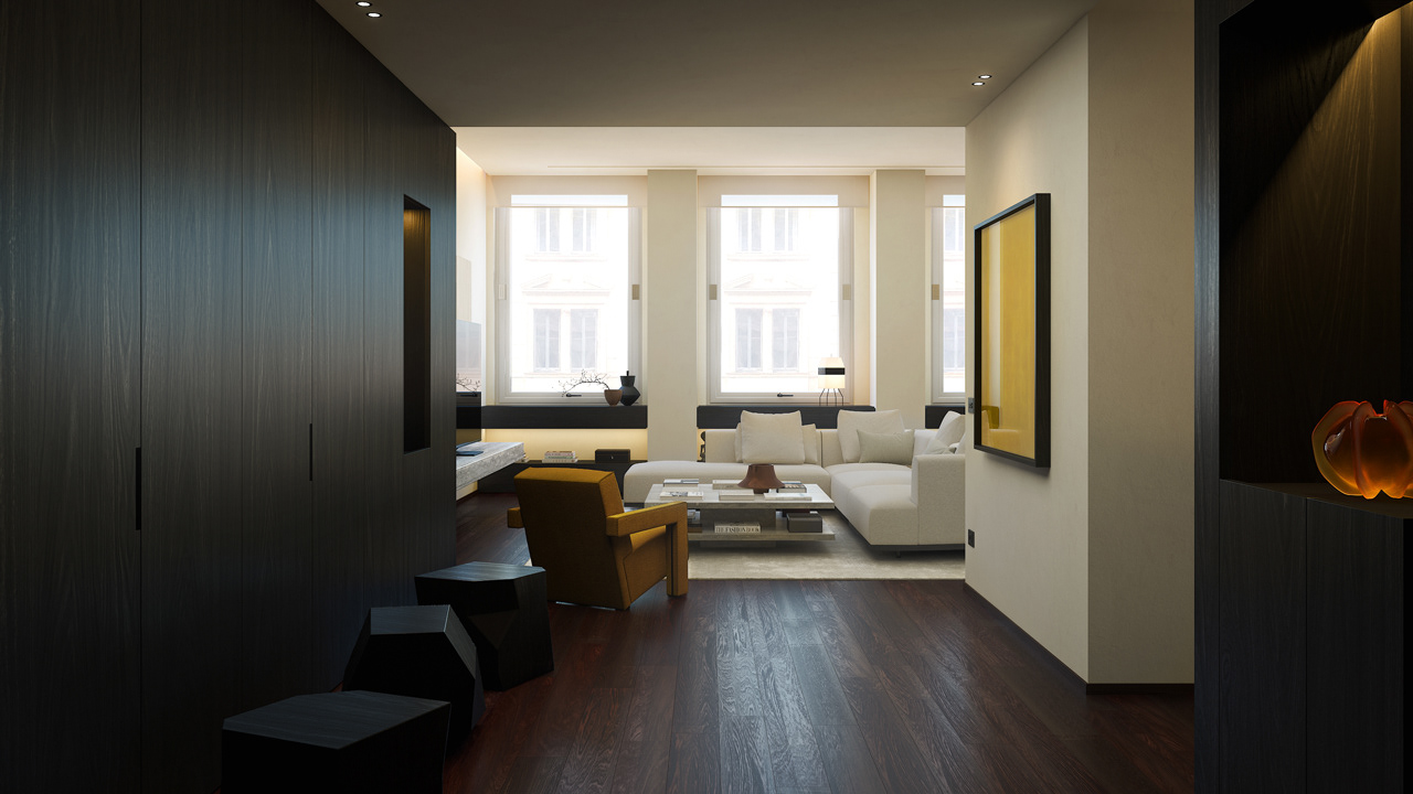 Contemporary living room imagery in Milan with dark oak wood furniture and wenge parquet floor - Yume Visual