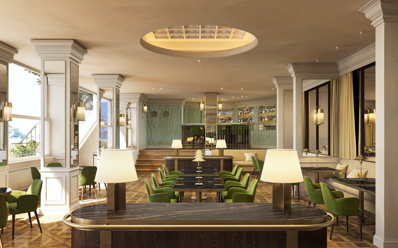 Luxury restaurant imagery on the Como Lake with warm wood and green fabric finishes - Yume Visual