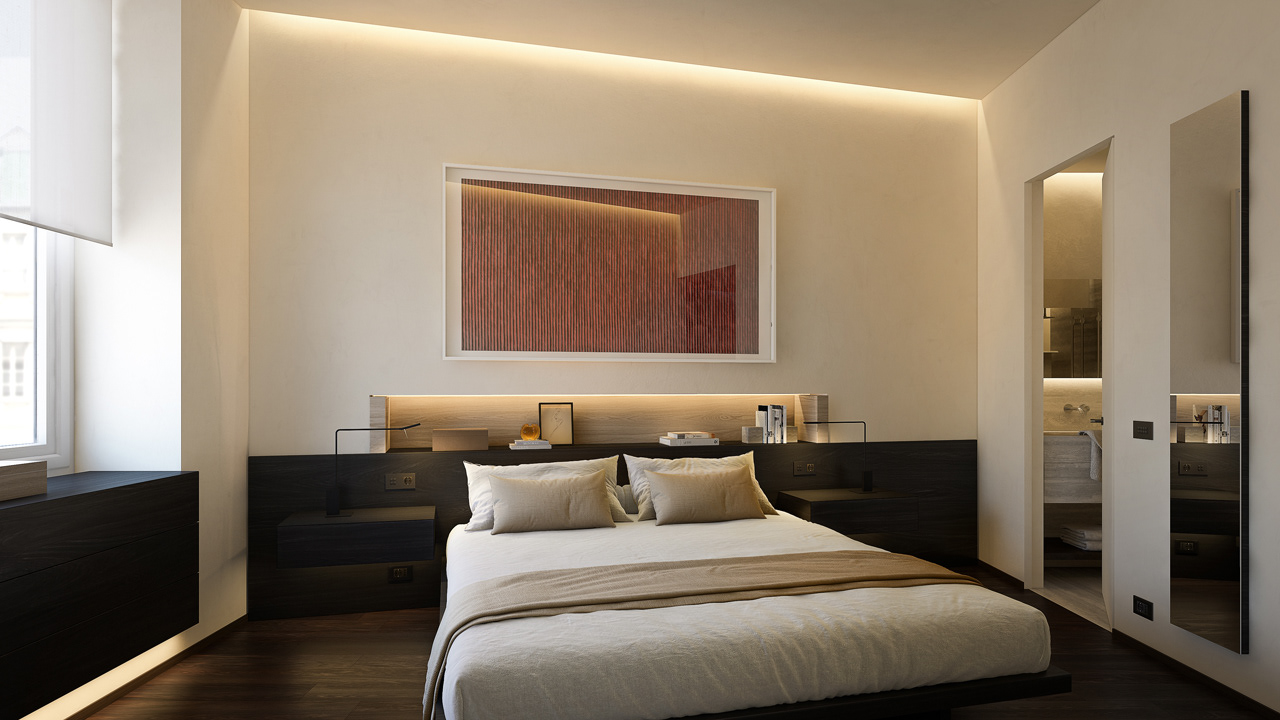 Warm minimalistic bedroom with dark wood finishes and light oak niche above the bed– Yume Visual