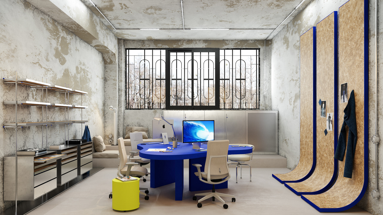 Industrial chic fashion atelier in Milan with peeling wals and blue klein details – Yume Visual