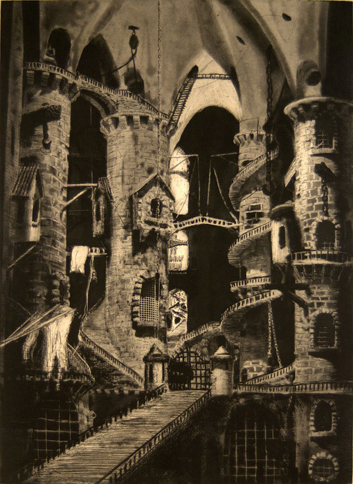 Piranesi State2, 2008; Photogravure with scraping, aquatint and line etching, tea stained, 22 x 16 in.