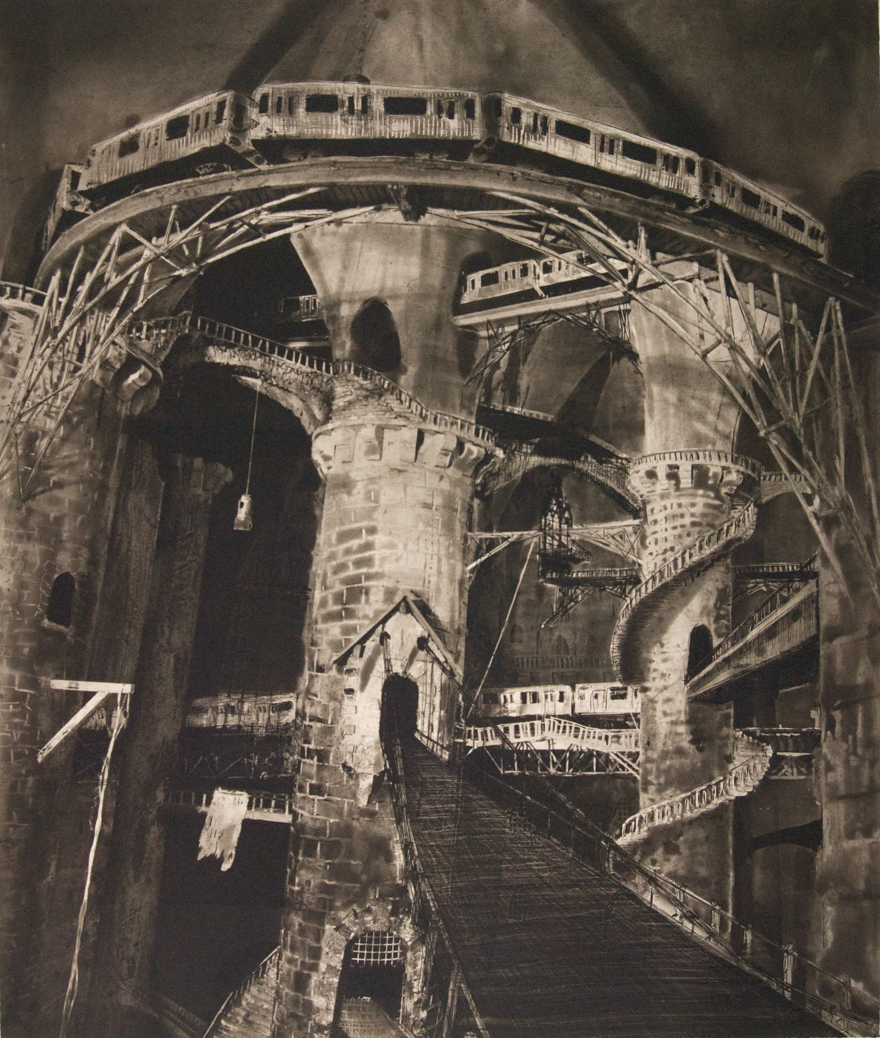 Downtown Transfer (State 2), 2010; Photogravure Hardground, aquatint, scraping, burnishing and drypoint, 34 x 29 in.