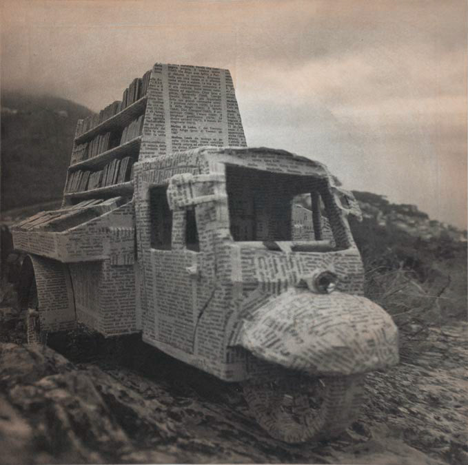 Bookmobile in Bogliasco, 2011; Photogravure with color aquatint, 11 x 11 in.