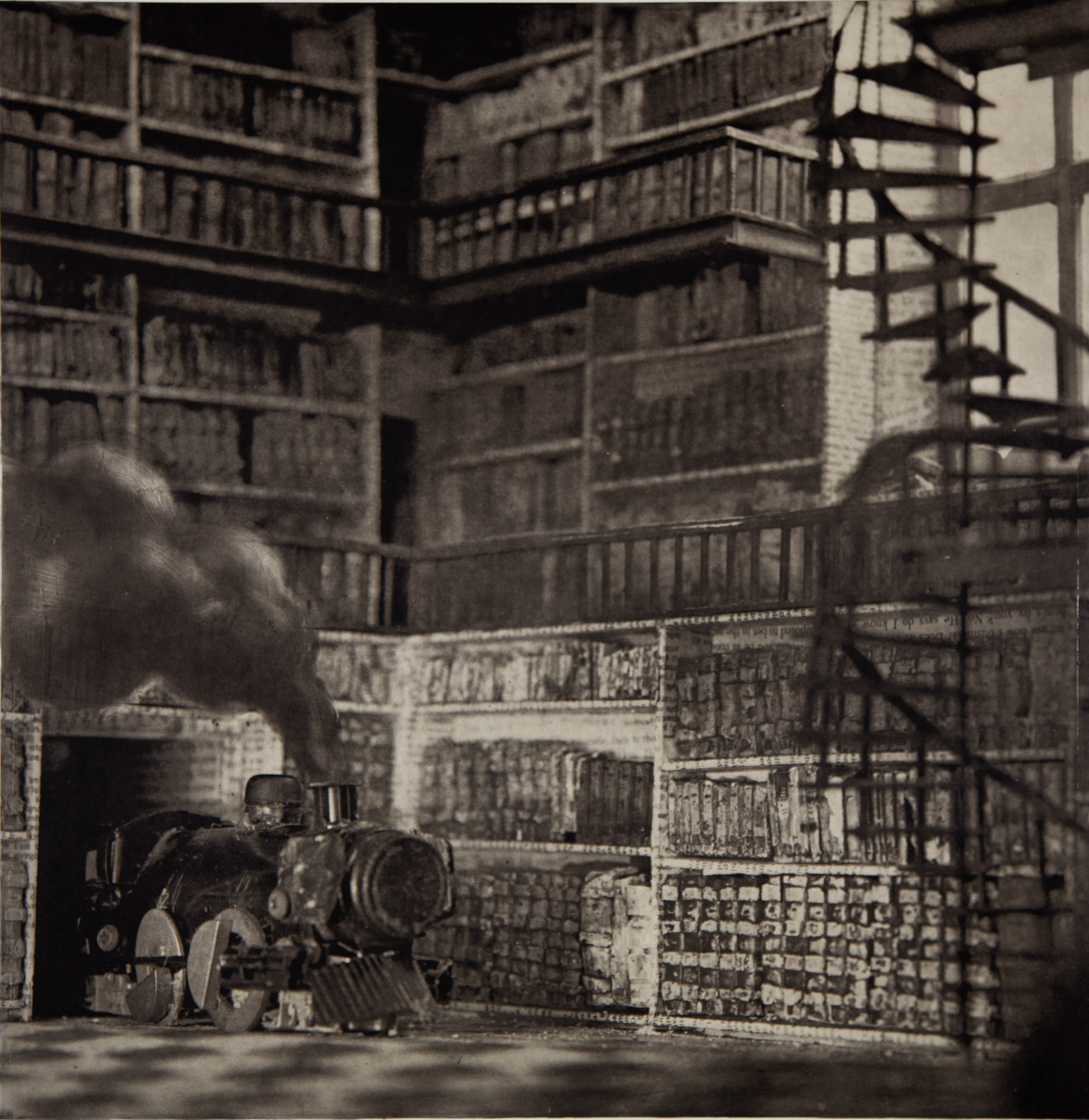 Library Dreams (after Magritte’s Time Transfixed), 2011; Photogravure with scraping and aquatint on Gampi Chine Colle, 22.25 x 22.25 in.