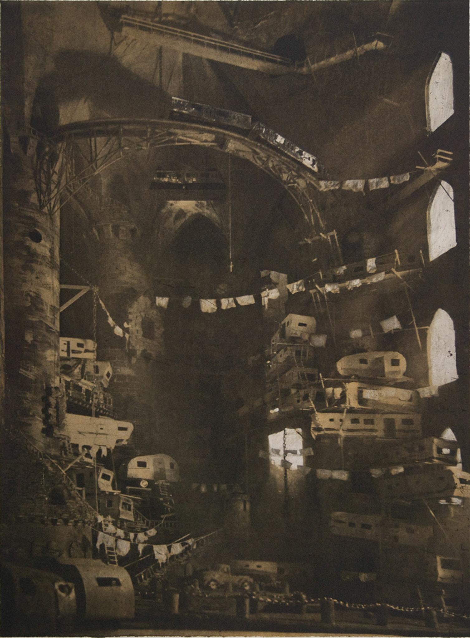 Vaulted Trailer park (State 1), 2010; Photogravure with color aquatint and scraping, 32 x 23 in.