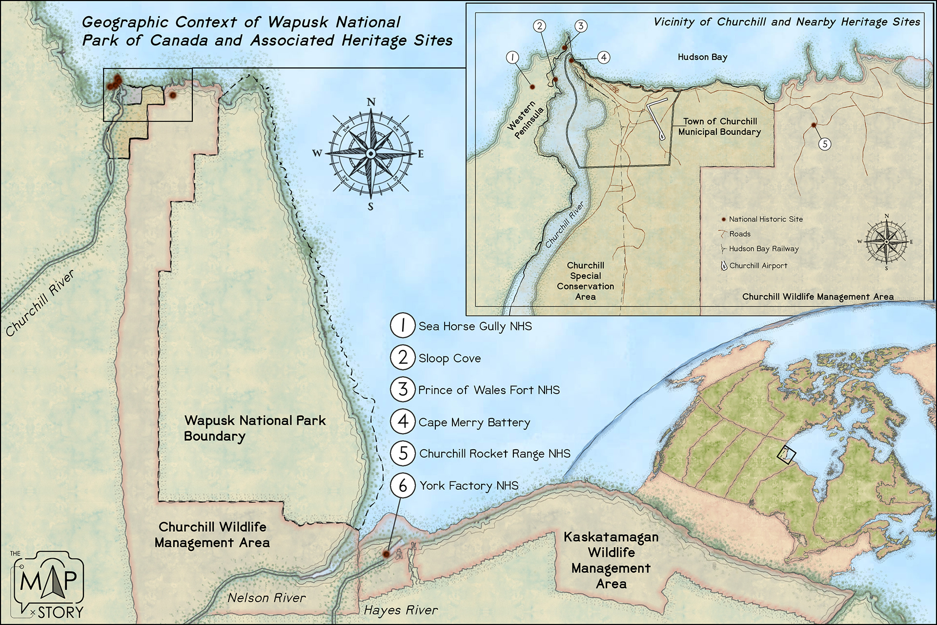A map project detailing heritage resources and protected areas in the vicinity of Churchill, Manitoba.
